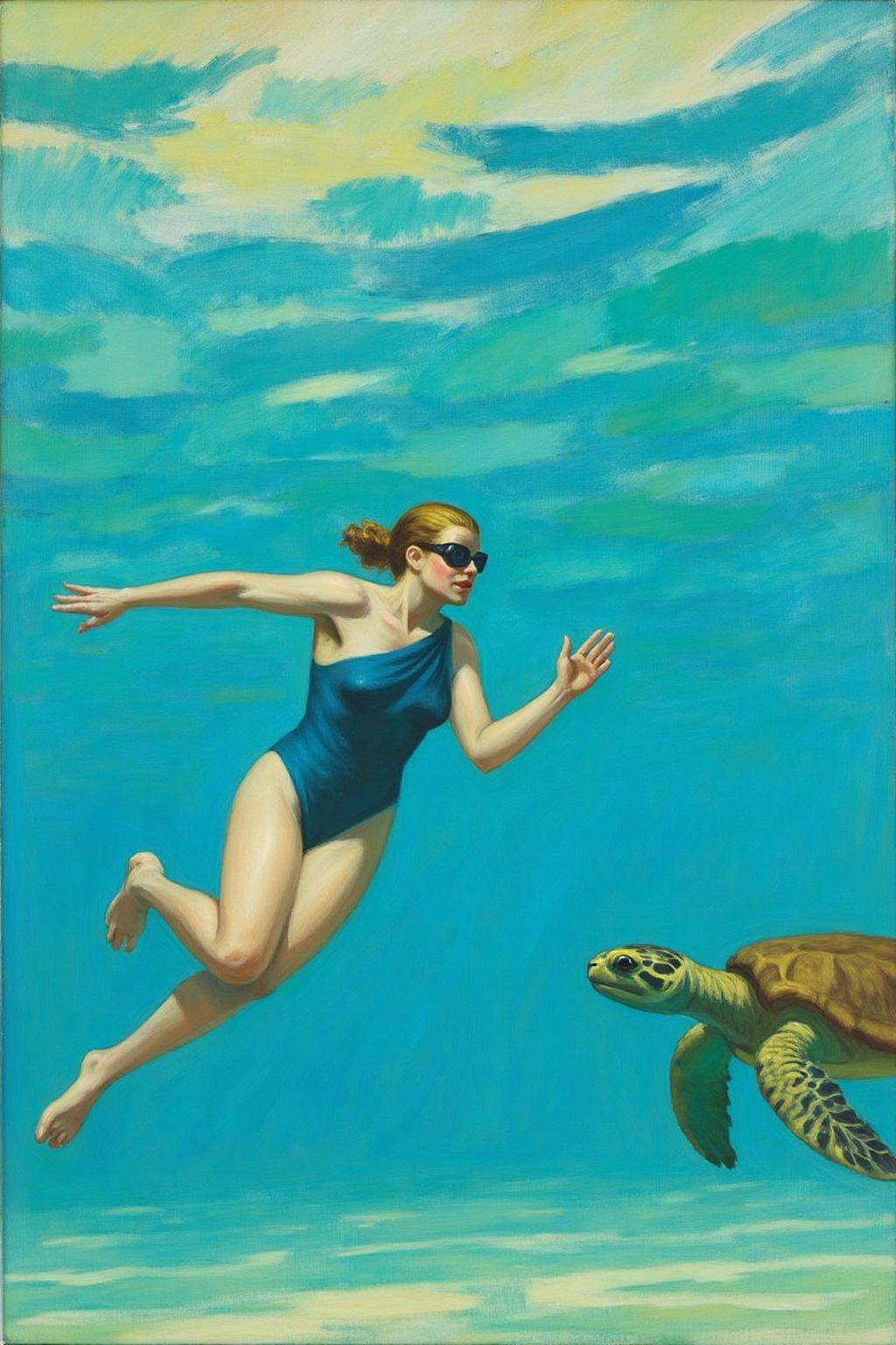 edwardhopper1 painting. a woman swimming underwater. The woman is wearing a blue one piece swimsuit,  and she is wearing g...