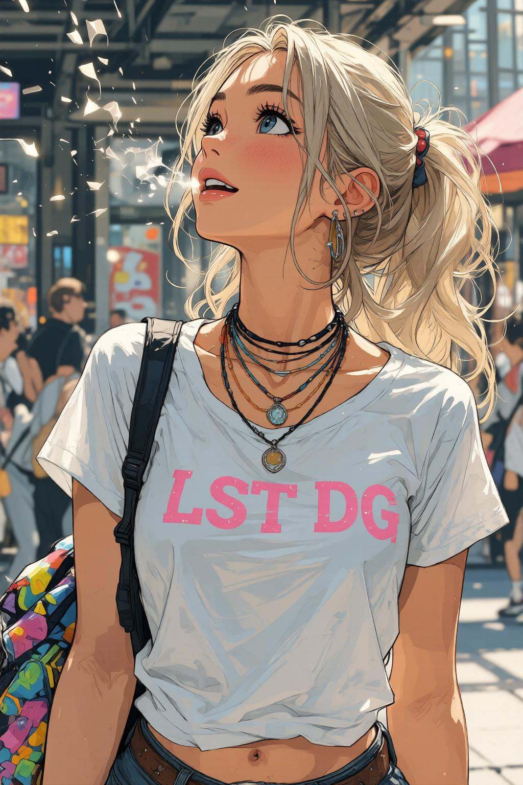nijimix6q anime style. A young American woman with long,  blonde hair tied back,  is blowing a bubble gum while glancing s...