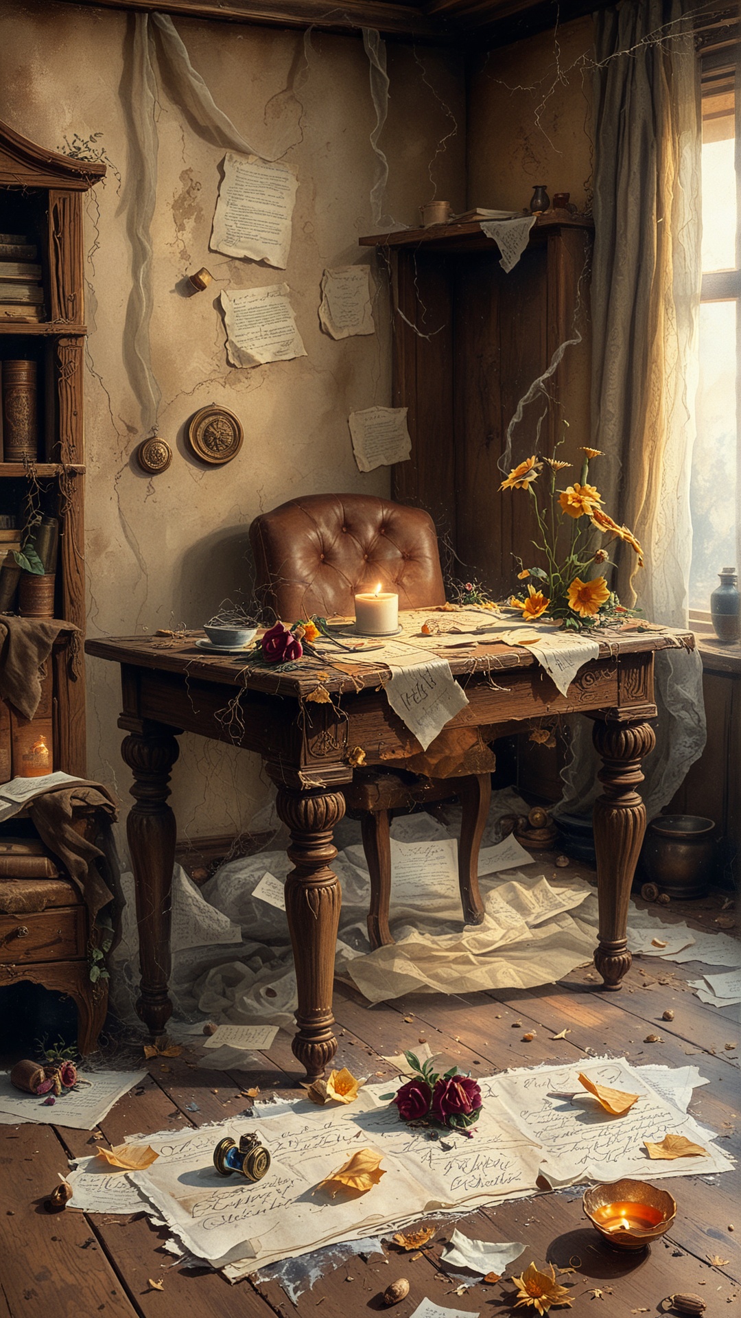 Fl0w3rGr0wnStyle Oil painting of a mysterious,  old,  yellowed letter with wax seal on a wooden table on Tensor.Art