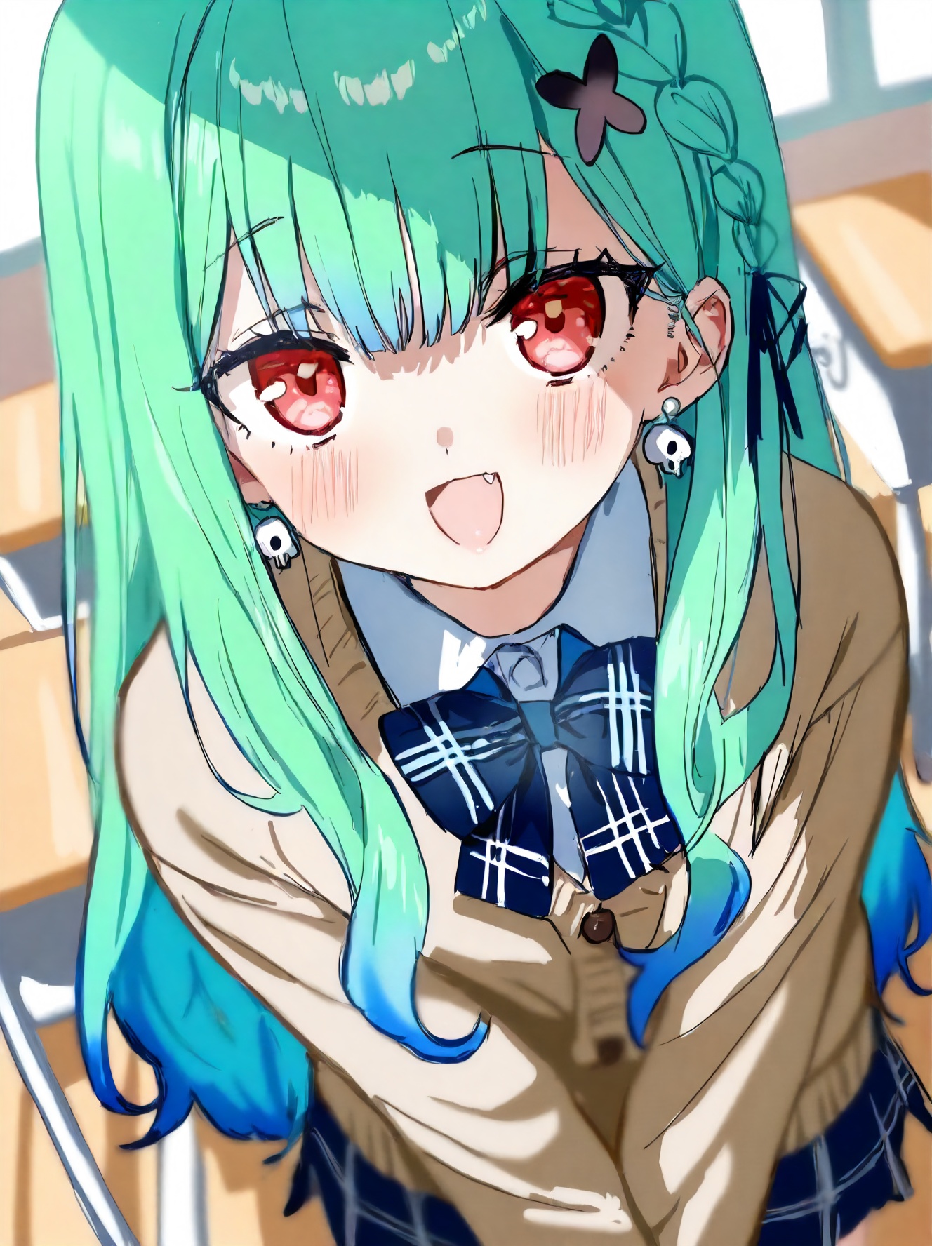 1girl, uruha rushia \(school uniform\), hiten, hololive, gomzi, na tarapisu153, solo, from above, upper body, depth of field, alternate costume, looking at viewer, blurry, indoors, virtual youtuber, red eyes, blush, hair between eyes, gradient hair, open mouth, school uniform, green hair, earrings, multicolored hair, official alternate hair length, official alternate hairstyle, fang, classroom, jewelry, smile, skirt, :d, school, long hair, pleated skirt, braid, cardigan, brown cardigan, blue hair, masterpiece, best quality, nsfw, safe