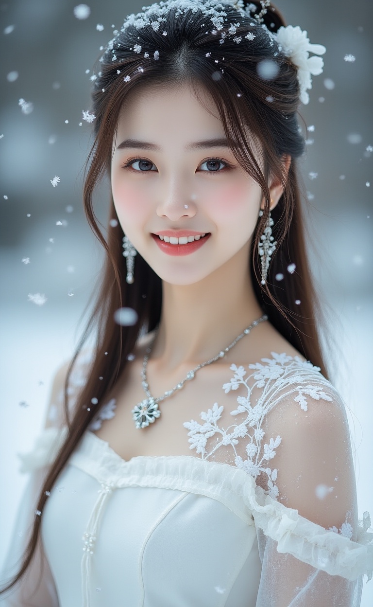 snow,Softly falling snowflakes dance in the blurred background, framing a serene portrait of Luoxue. A close-up shot captures her delicate features: long dark brown hair cascading down her back, a gentle smile playing on her lips, and piercing blue eyes sparkling with warmth. She wears a pristine white dress adorned with intricate embroidery on the shoulders, complemented by a silver necklace and earrings that catch the subtle light. Her left hand rests on her hip, exuding confidence and poise as she stands amidst the winter wonderland.<lora:moluo丨玉颜百媚生-1.5:1.8>
