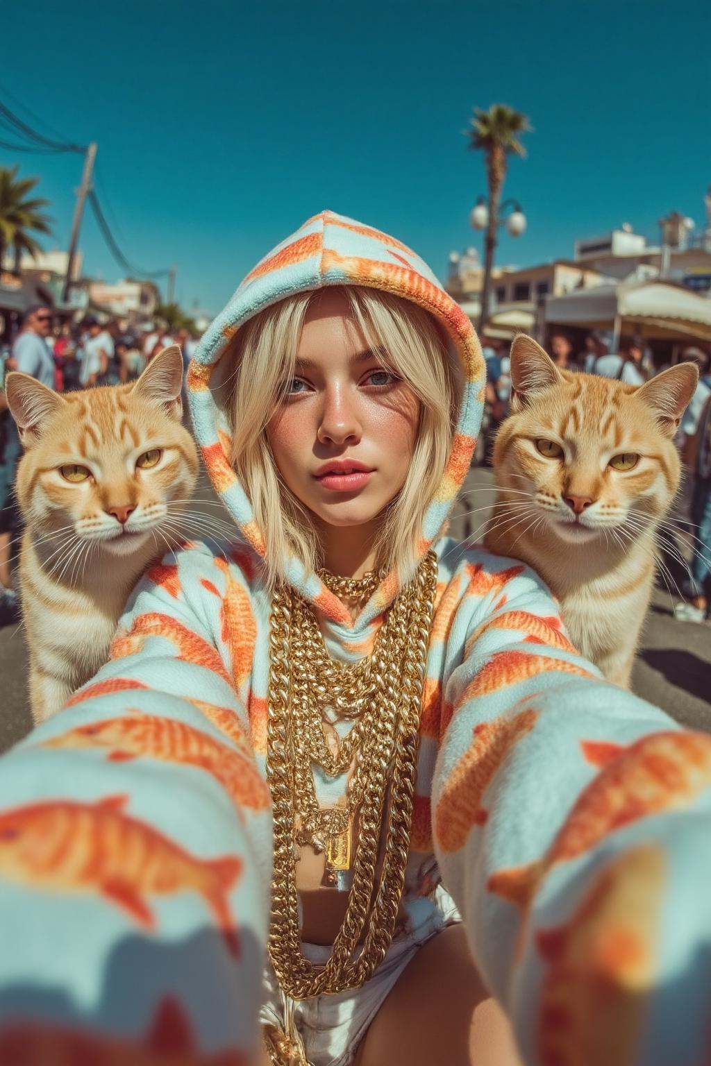 midjourney photograph. A blonde American girl is wearing a hoodie with a playful design of orange fish on a light blue bac...