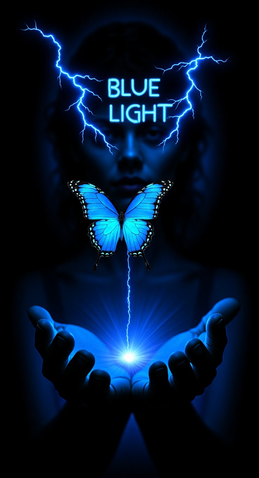 blue light,  A vivid digital artwork features a striking blue butterfly hovering above a person's face. The butterfly's wi...