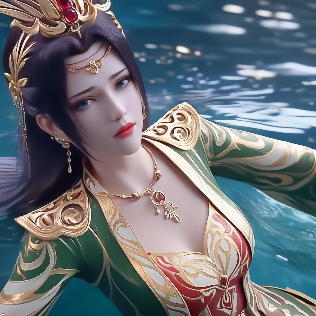 <lora:842-DA-XL-斗破苍穹-云韵-婚服:0.8>, (,1girl, ,best quality, ),,masterpiece, ((((1girl, solo, , ,solo focus, lying on water, )))) (cleavage),,  (), ,ultra realistic 8k cg,   clean, masterpiece,     (( , )),,  , unreal, science fiction, luxury, jewelry, diamond, gold, pearl, gem, sapphire, ruby, emerald, intricate detail, delicate pattern, charming, alluring, seductive, erotic, enchanting, hair ornament, necklace, earrings, bracelet, armlet,halo,(cleavage),, , (),