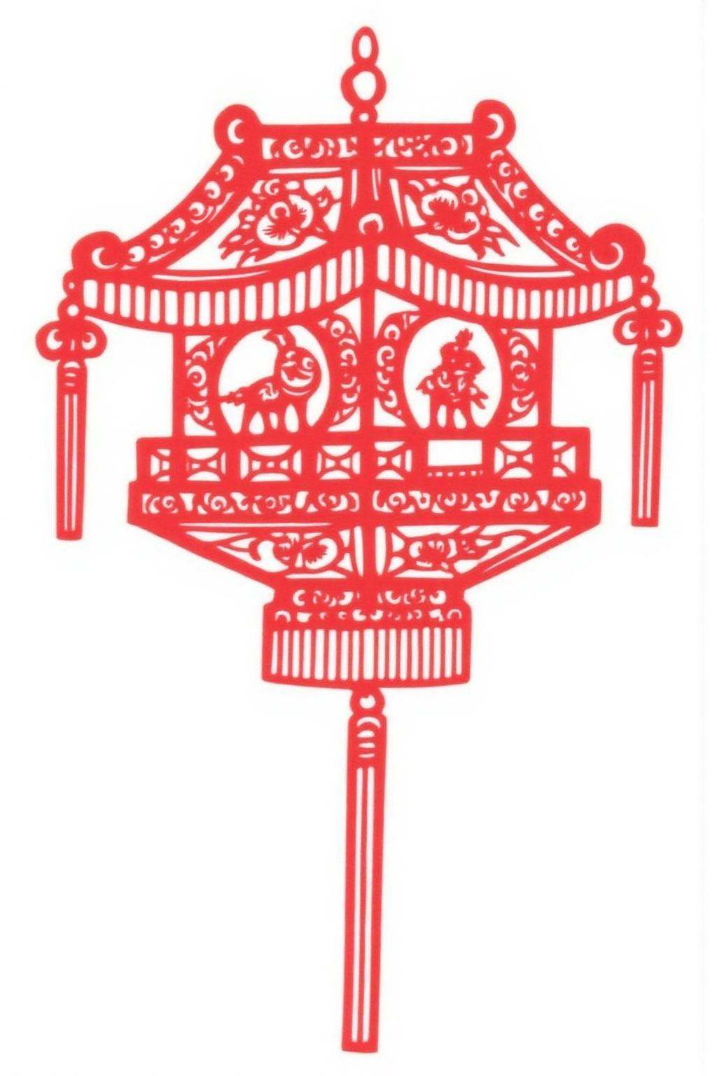 papercut art of a traditional Chinese lantern,  rendered in a stylized,  ornate design. The lantern is depicted in a red c...