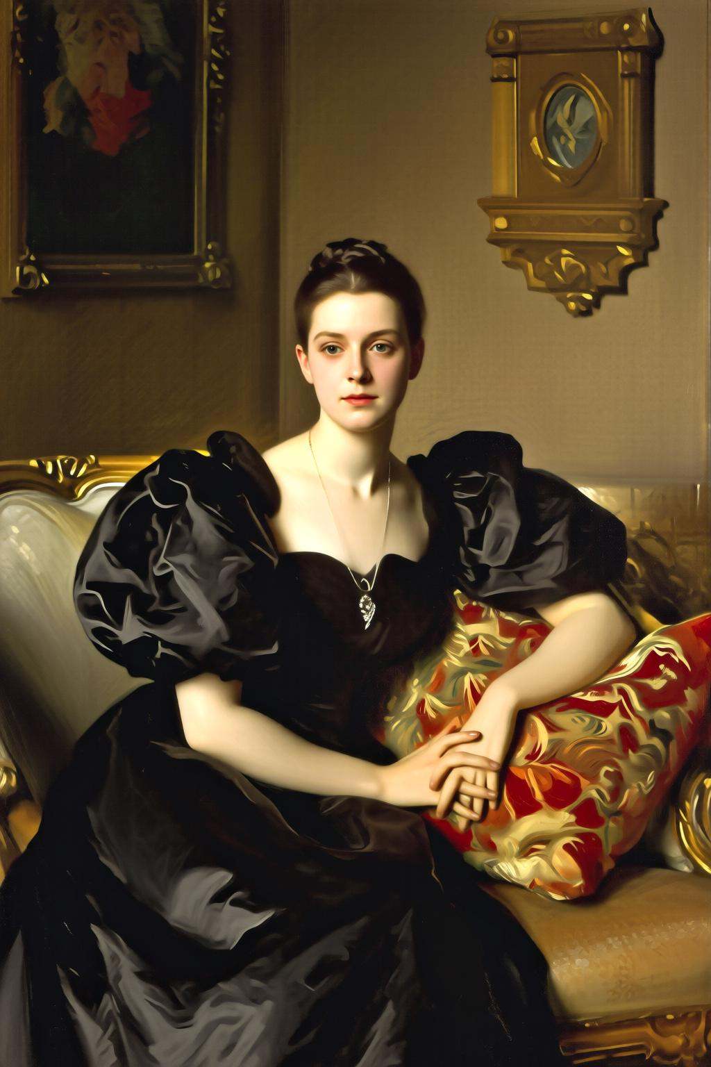 johnsingersargent6q painting.A young woman in a black,  voluminous gown with puffed sleeves is seated on a richly decorate...