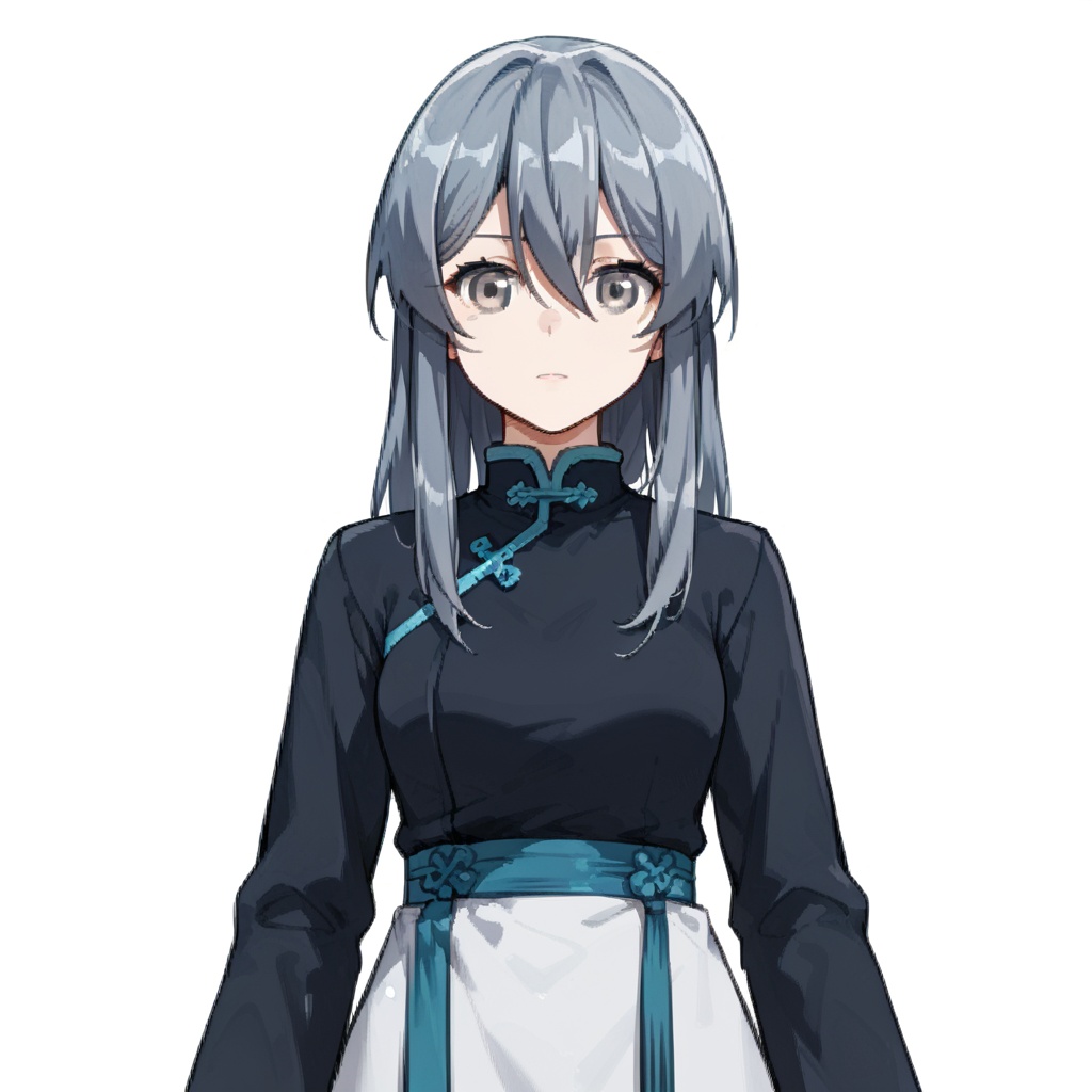 (white background:1.2),looking at viewer,(SOLO:1.4),outline,simple background,upper body, cowboy shot,looking at viewer,(((arms at side))),    chenglixue, long hair, blue hair, breasts, hair between eyes, grey eyes, bangs, hair ornament, grey hair, hairclip,chinese clothes,long sleeves,jacket,teenager<lora:小立雪_pony:0.8>
