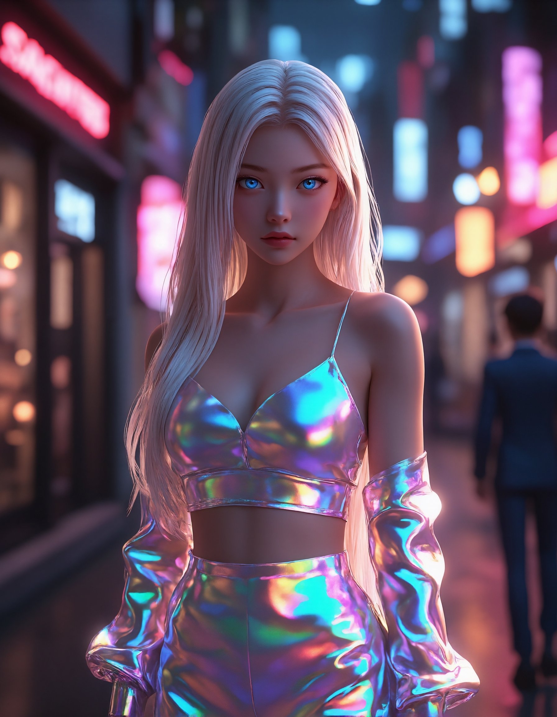 Create a hyper-realistic 3D anime-style depiction of a modern,  elegant young woman standing in a softly lit urban street...
