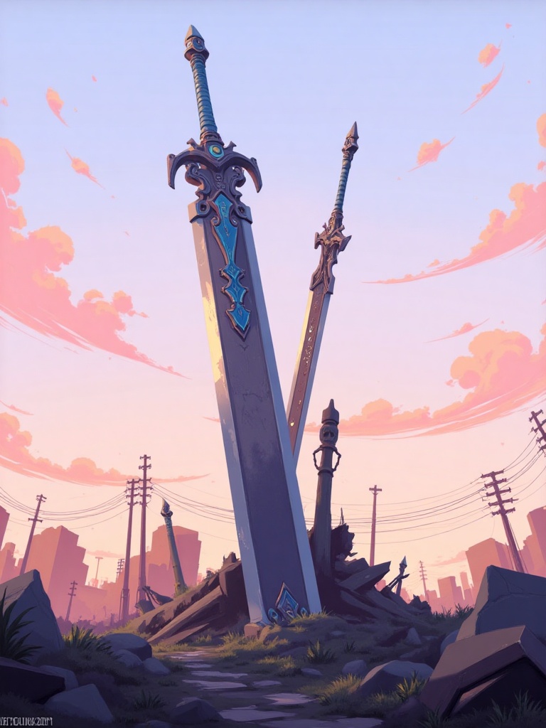 A digital painting depicts a post-apocalyptic landscape with two large,  intricately designed swords standing upright amid...