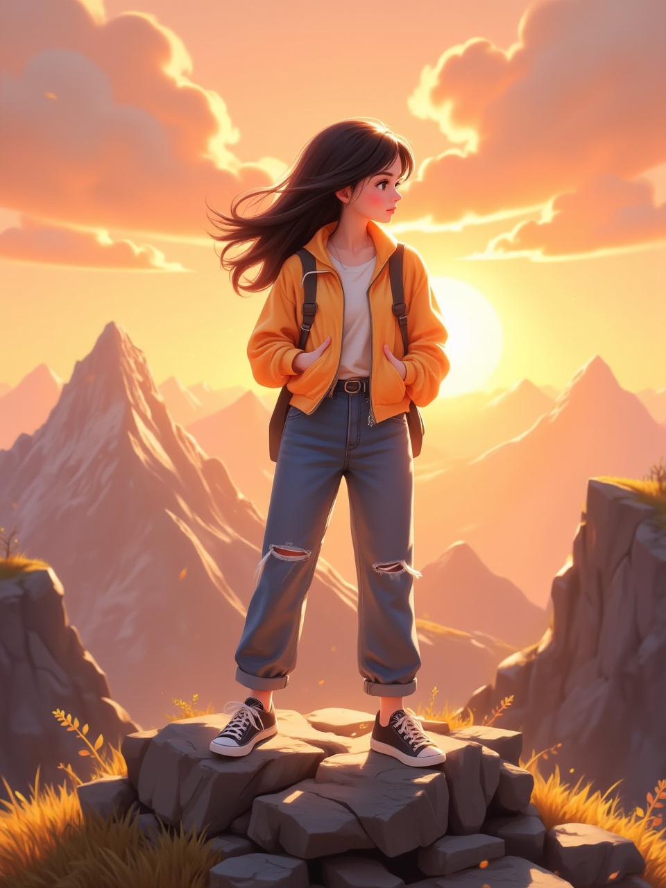 Very inspiring and vibrant,Hd illustration style,portraying a confident woman standing on a mountaintop at sunrise. She is dressed in casual yet bold attire,her hair flowing in the wind. Her determined gaze is fixed on the horizon. The expansive background features golden skies and rugged,distant peaks.,