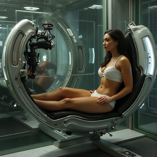 Spherical interrogator Droid interrogating a beautiful woman who is clamped to a futuristic metal inclined bench.Spherical...