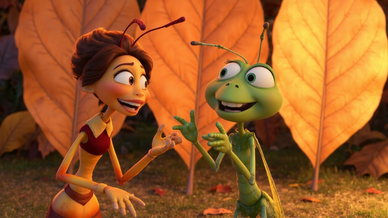 Two animated insects,  each with distinct features,  engage in a lively conversation. Set against a backdrop of oversized...