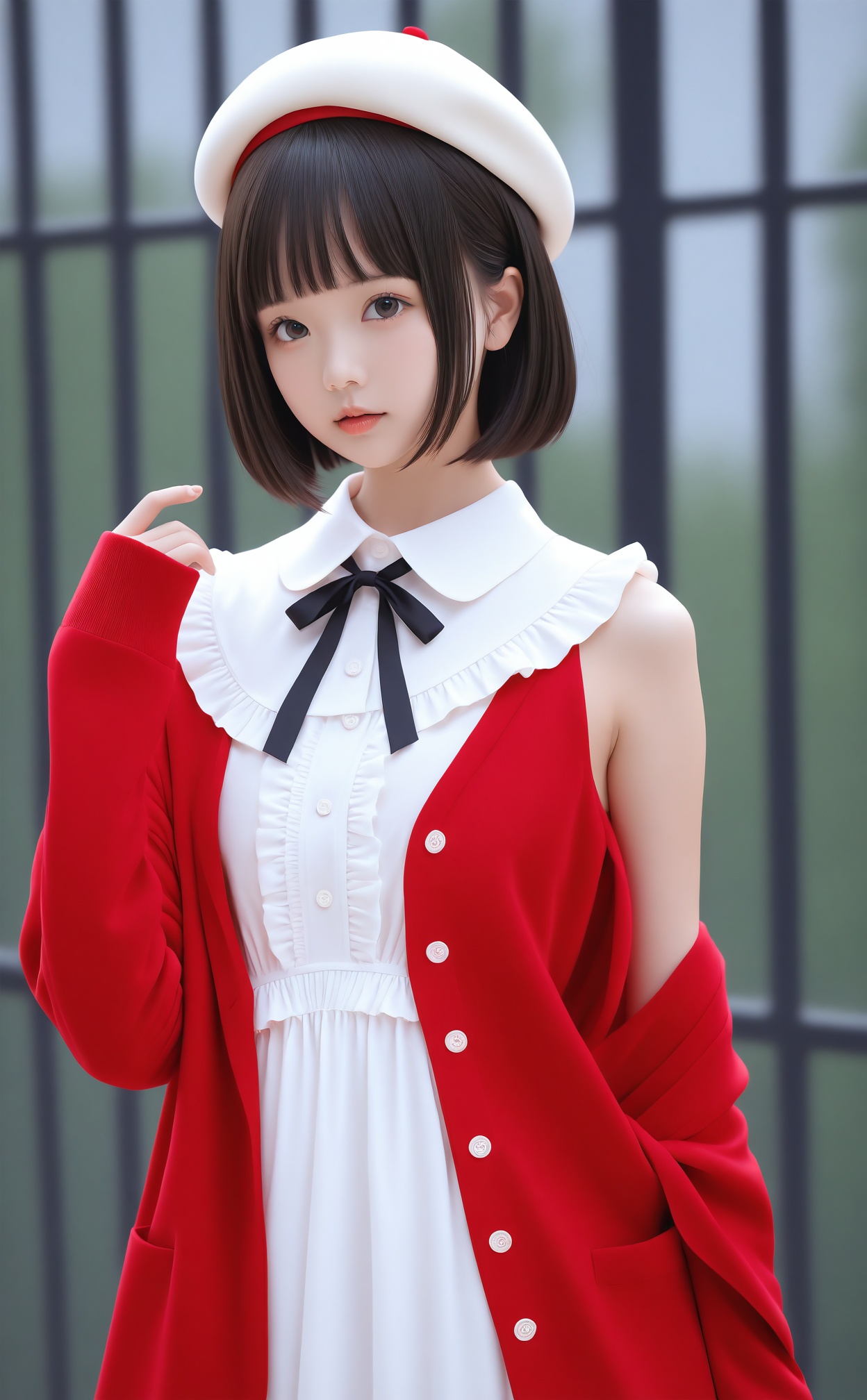 masterpiece,best quality,high quality,1girl,solo,short hair,blurry background,hat,blurry,bob cut,dress,white headwear,neck ribbon,collared dress,black hair,asian,black ribbon,ribbon,outdoors,beret,brown eyes,looking at viewer,white dress,red cardigan,upper body,blunt bangs,sleeveless,red jacket,center frills,long sleeves,realistic,collared shirt,brown hair,shirt,wing collar,closed mouth,lips,day,sleeves past wrists,depth of field,jacket,open clothes,white shirt,frills,black eyes,standing,sleeveless shirt,sleeveless dress,nose,off shoulder,pink lips,bare shoulders,parted lips,bow,cardigan,hand up,