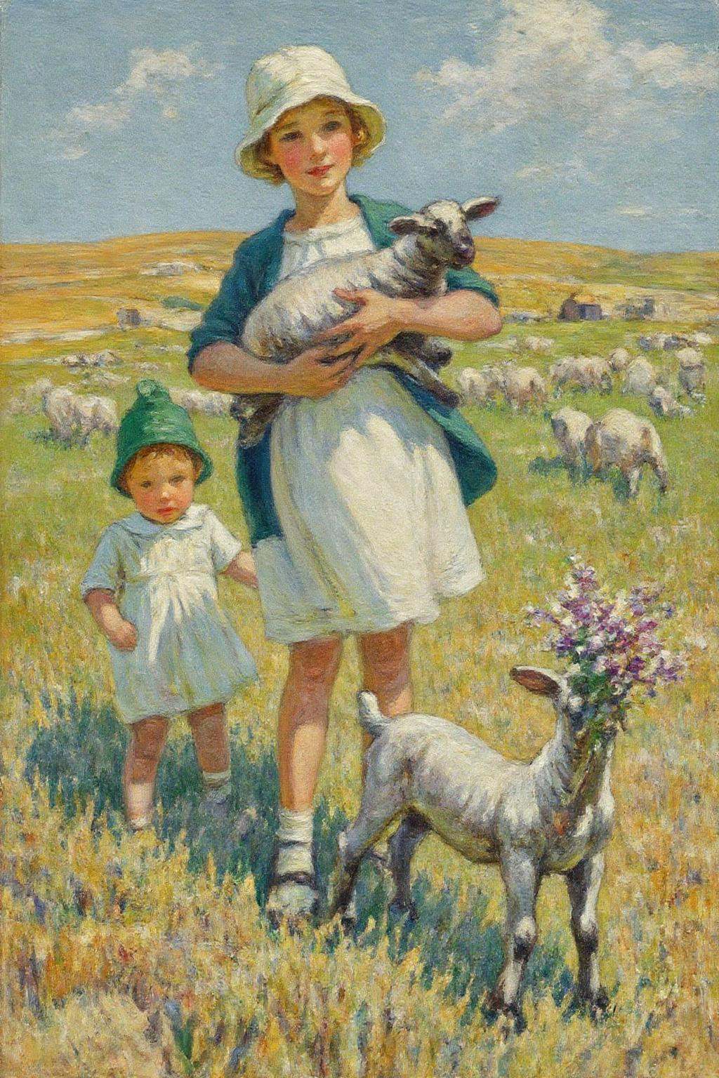 dorotheasharp1 painting.Two children and some lambs in a pastoral scene. In the center stands an older child,  wearing a w...