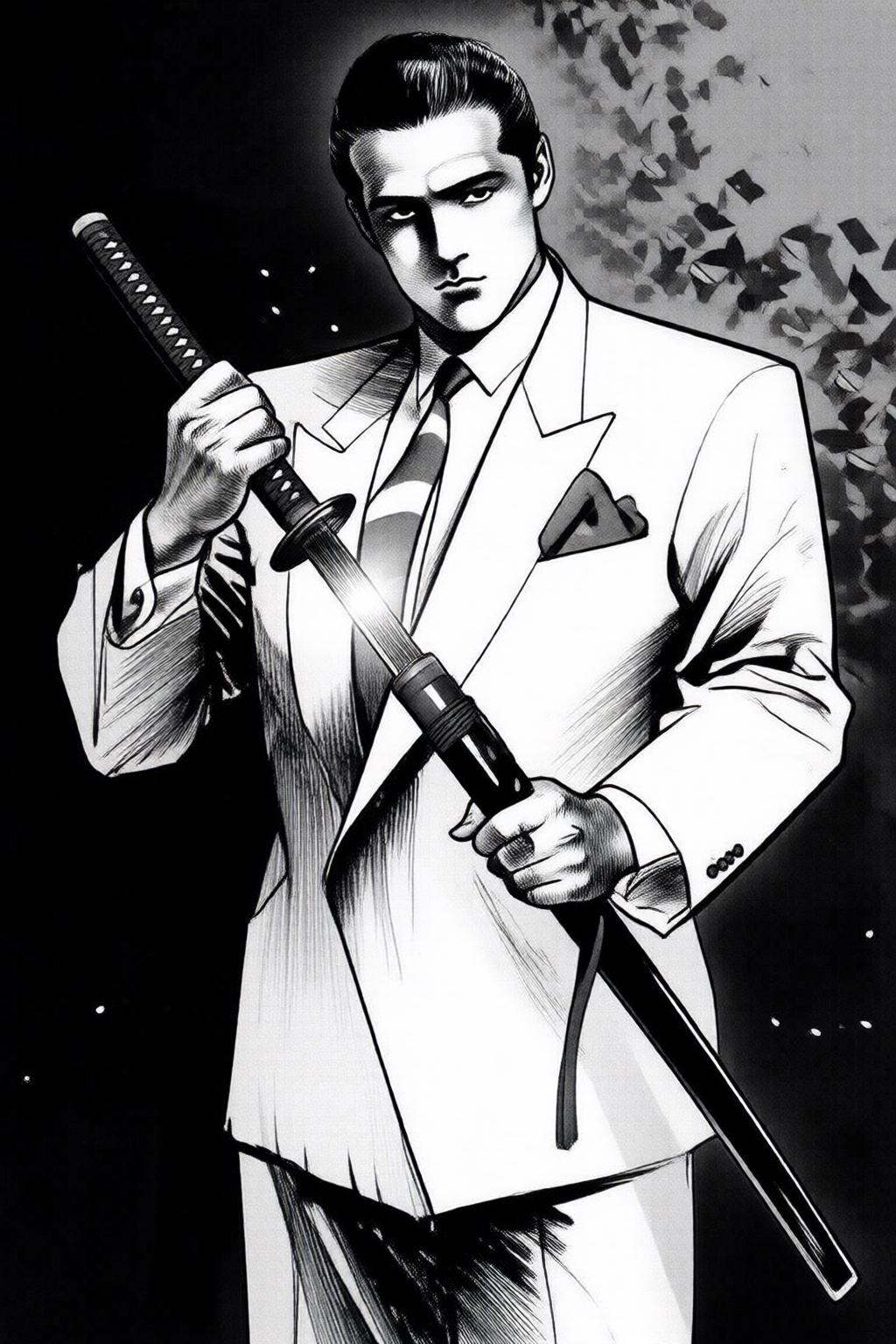 ryoichiikegami2q illustration.A gangster wearing a white suite,  holding a katana in combat ready pose. on Tensor.Art