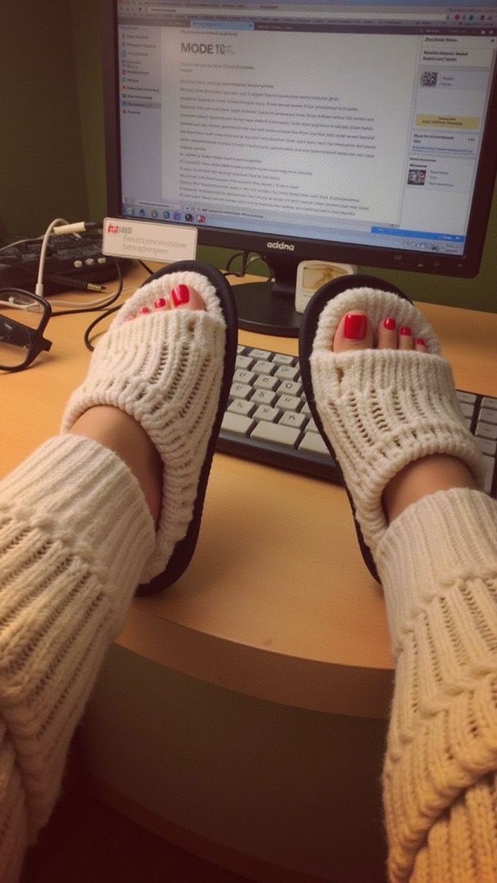 Her feet are cozy in soft slippers as she works at her desk,  her red-painted toenails peeking out just slightly. ,  aidma...