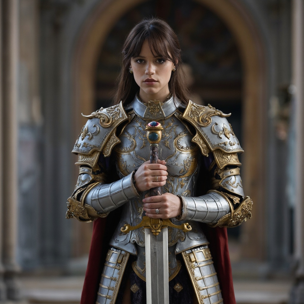 A detailed portrayal of jenna_ortega warrior in ornate silver and gold armor,  standing in a grand,  gothic-style cathedra...
