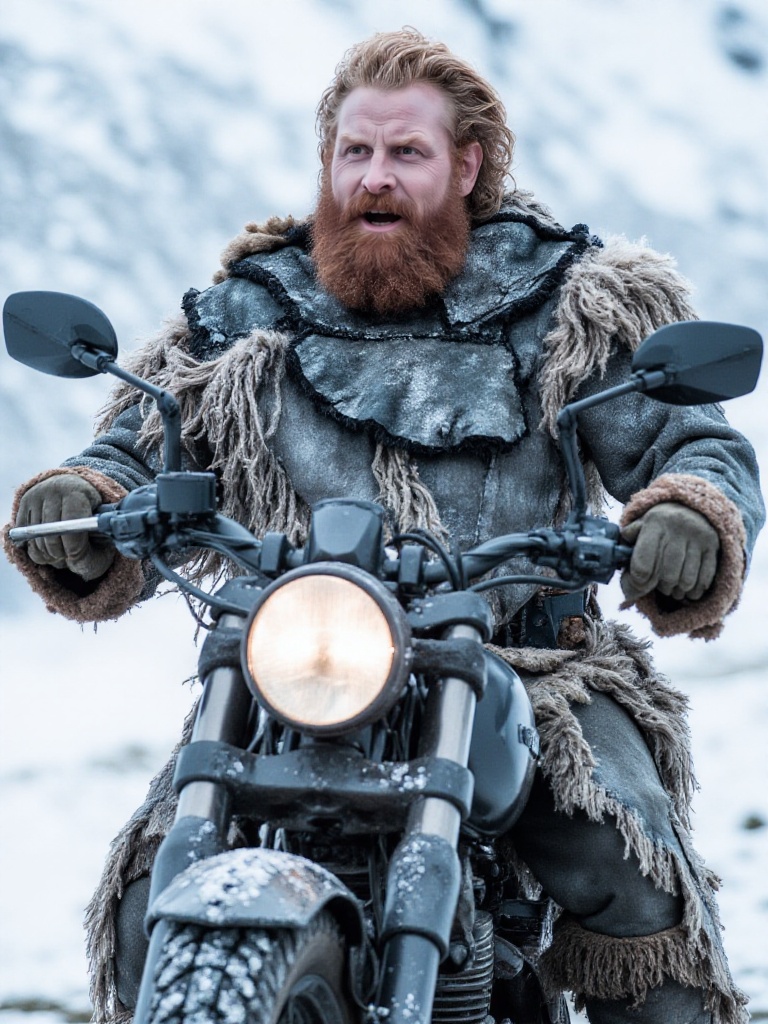 He is riding a harley davidson in the snow. He is joyfull. tormund giantsbane,  a man with a beard and dressed in fur. on...