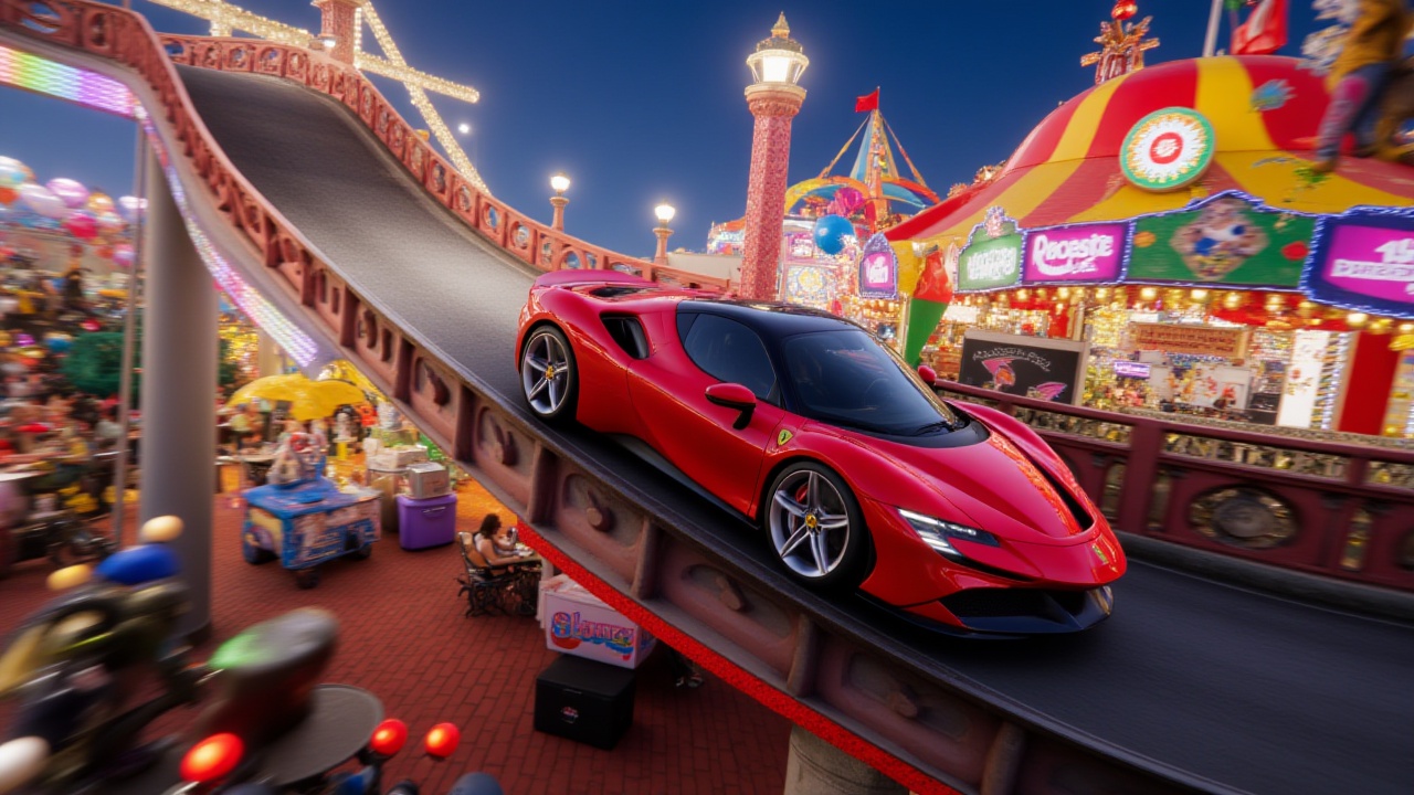 A quirky promotional image where the aidmaFerrariSF90 is turned into a rollercoaster car,  zooming down a steep track. The...