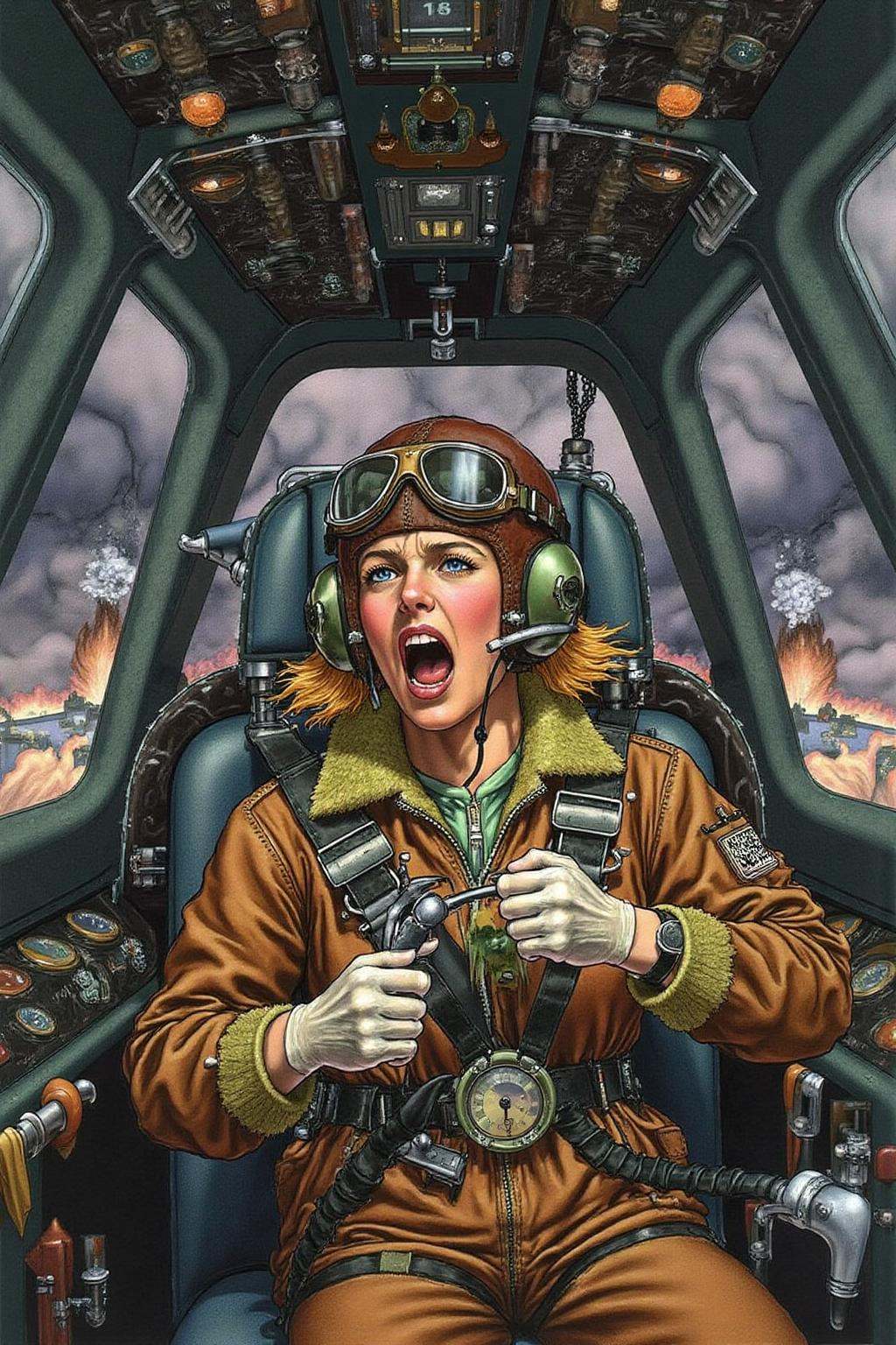jole1 illustration.A female pilot screaming inside the cockpit of a World War II bomber. The pilot,  wearing a vintage lea...