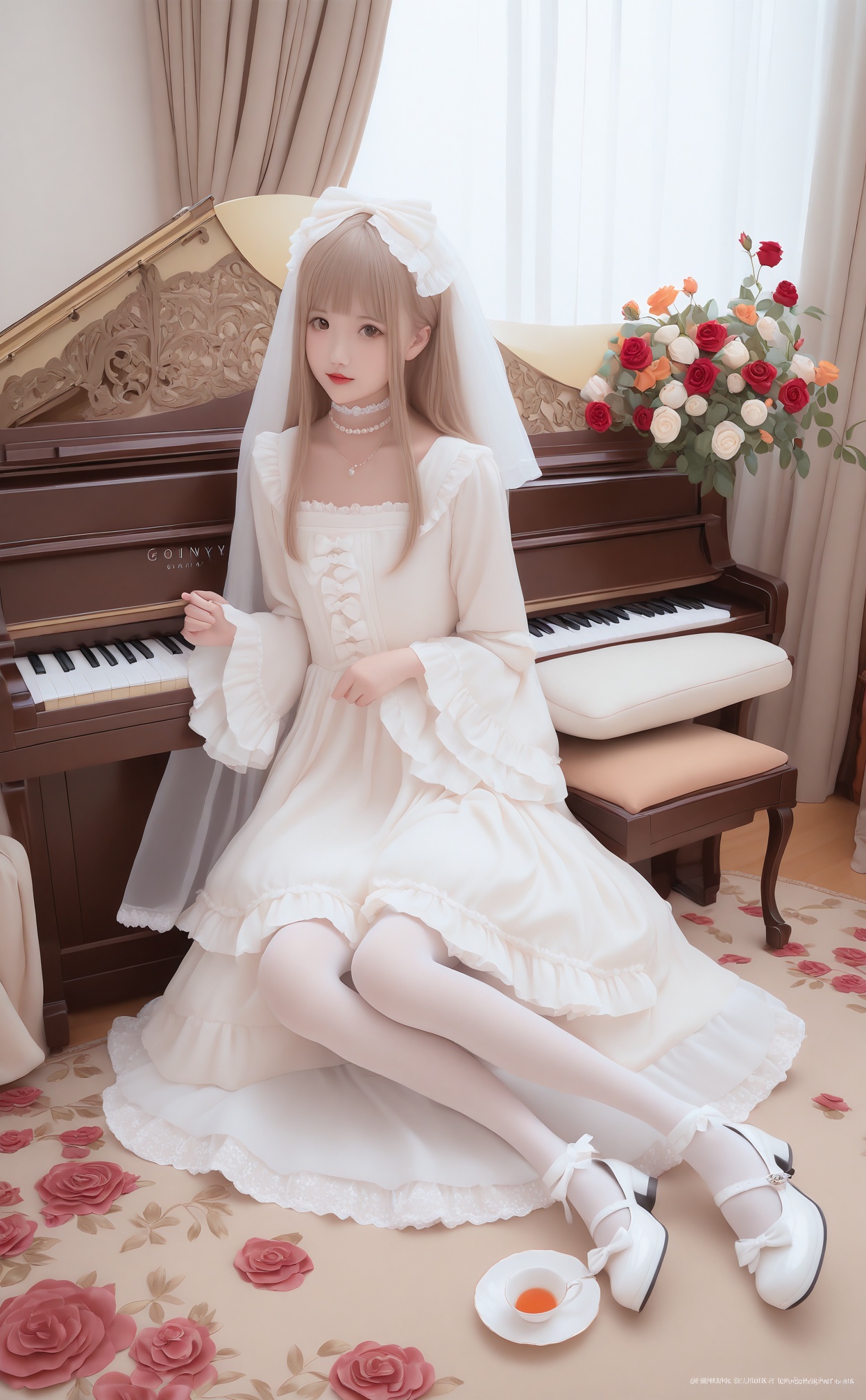 masterpiece,best quality,high quality,realistic,1girl,dress,instrument,phonograph,piano,flower,holding,carpet,cup,teacup,long hair,rose,sitting,white dress,solo,holding cup,veil,indoors,looking at viewer,white pantyhose,white footwear,cat,jewelry,saucer,rug,blonde hair,frills,white choker,choker,curtains,pearl necklace,white rose,keyboard \(instrument\),orange rose,brown eyes,long sleeves,lace,lace trim,holding saucer,grand piano,orange flower,red flower,pantyhose,wide sleeves,shoes,painting \(object\),bow,see-through,cushion,tea,lace-trimmed dress,red rose,white flower,plate,necklace,artist name,vase,floral print,chair,pillow,teapot,lolita fashion,pink rose,wedding dress,yokozuwari,red lips,light brown hair,animal,brown hair,white bow,
