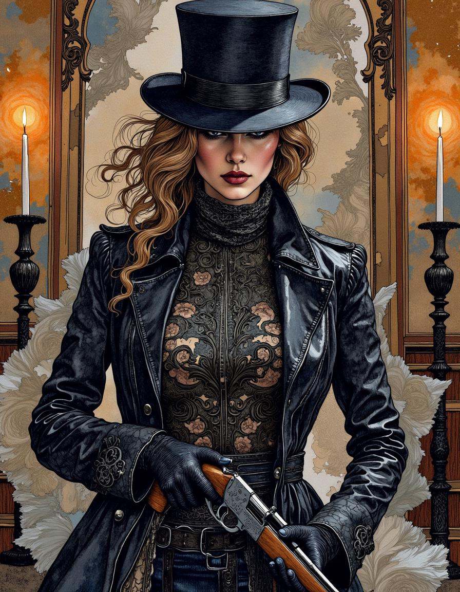 This is a digital artwork created in a mixed media style,  blending elements of watercolor and ink.A woman hunter in dynam...