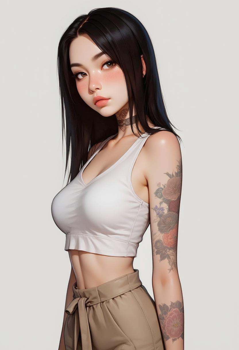 A young woman with dark hair and tattoos on her arms and chest. The woman is wearing a white crop top and beige high-waist...