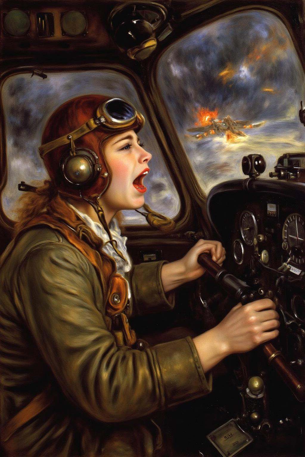 pierreaugusterenoir1 painting. A female pilot screaming inside the cockpit of a World War II bomber. The pilot,  wearing a...