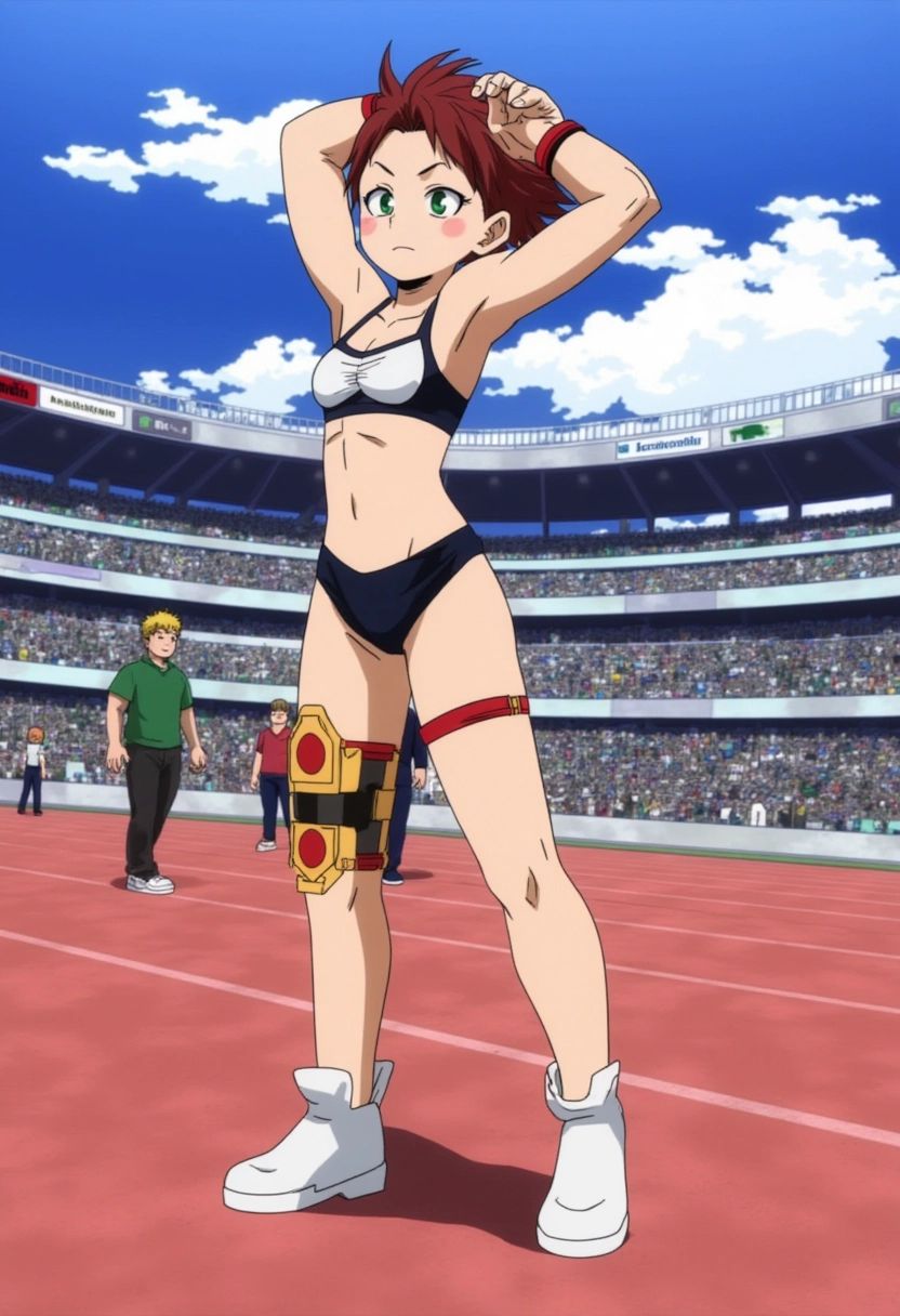 A confident athlete standing on a track field,  preparing to race. The character wears sports gear and is stretching,  wit...