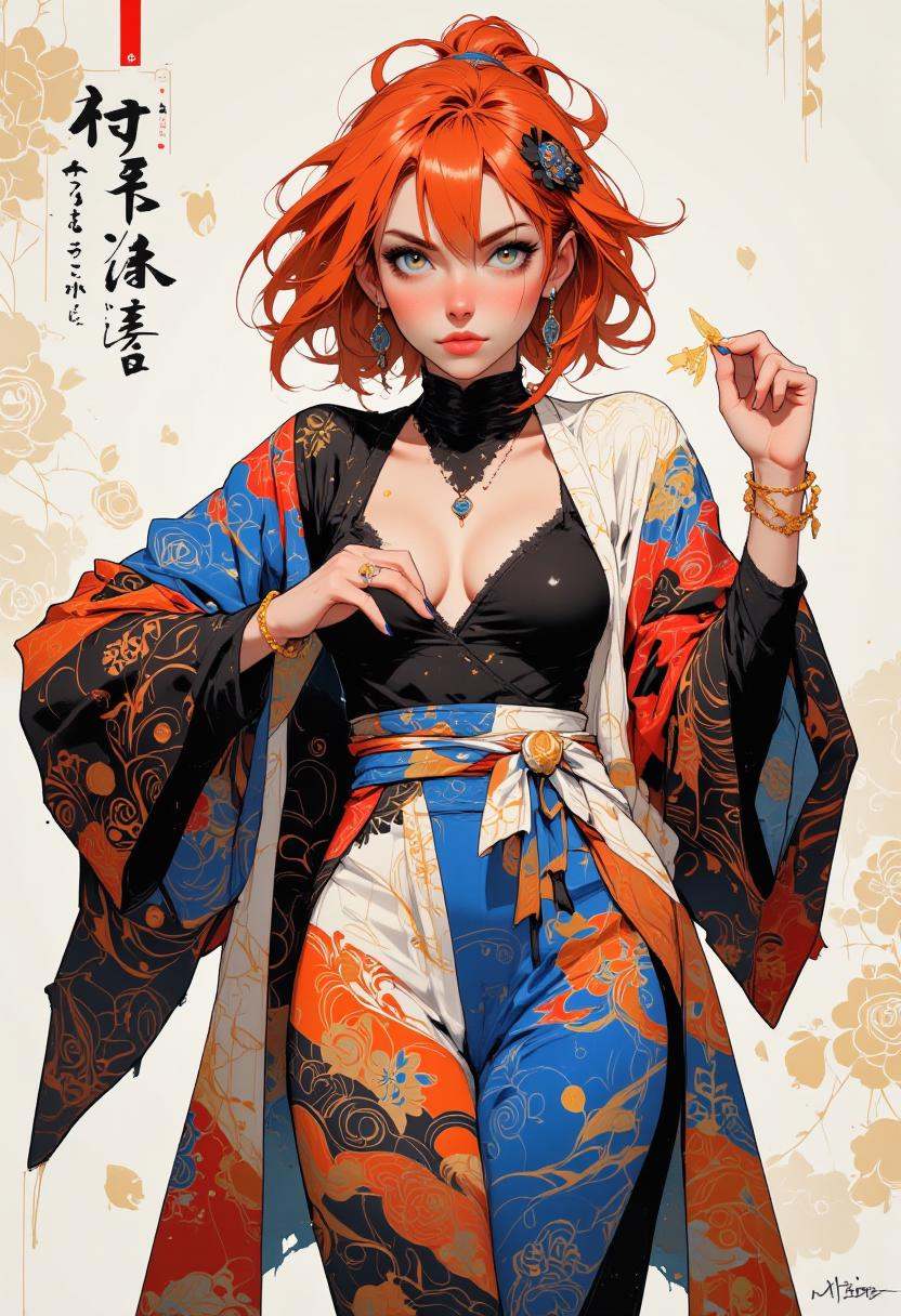 Traditional Kimono with a Modern Twist.Create an anime character in a traditional kimono,  reimagined with modern patterns...