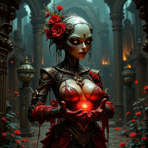 necklace,  red flower,  alien on Tensor.Art