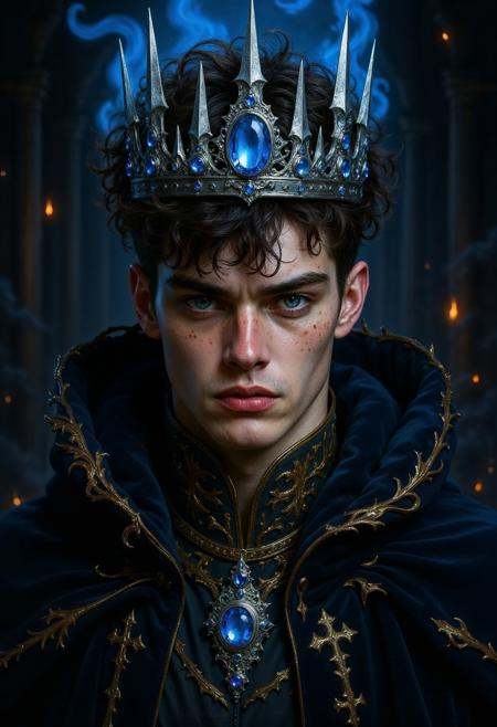 a highly detailed digital painting in a realistic style. The subject is a young man with a serious,  intense expression,...