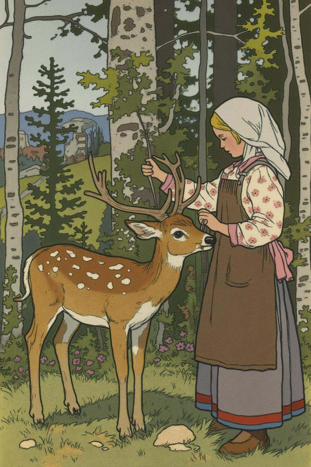 ivanbilibin1 illustration. A serene,  forest scene with a young girl and a deer. The girl,  dressed in a white pinafore dr...
