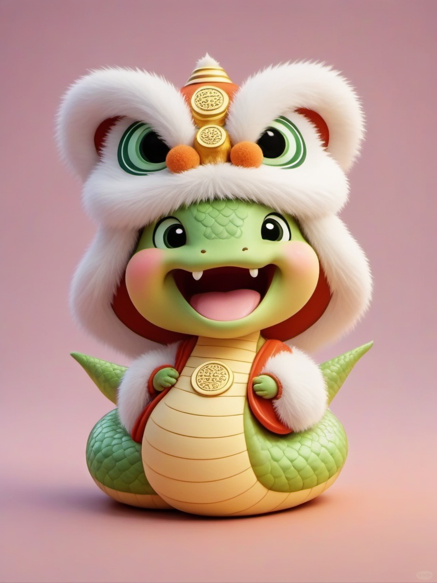 shenian,wearing a Nian beast hat,This adorable digital CGI illustration features a cute baby snake with a golden body, green scales, and a wide, friendly grin. It has a red and white dragon head ornament, furry ears, and a red tongue sticking out. The background is a soft pink gradient.,<lora:shebaobaov1-000014:0.8>