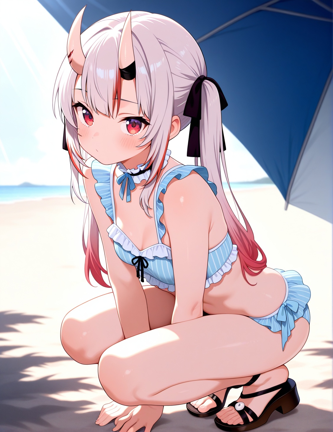 1girl,  beachswimsuit,  frilly bikini top with thin light blue stripes on a white base on Tensor.Art