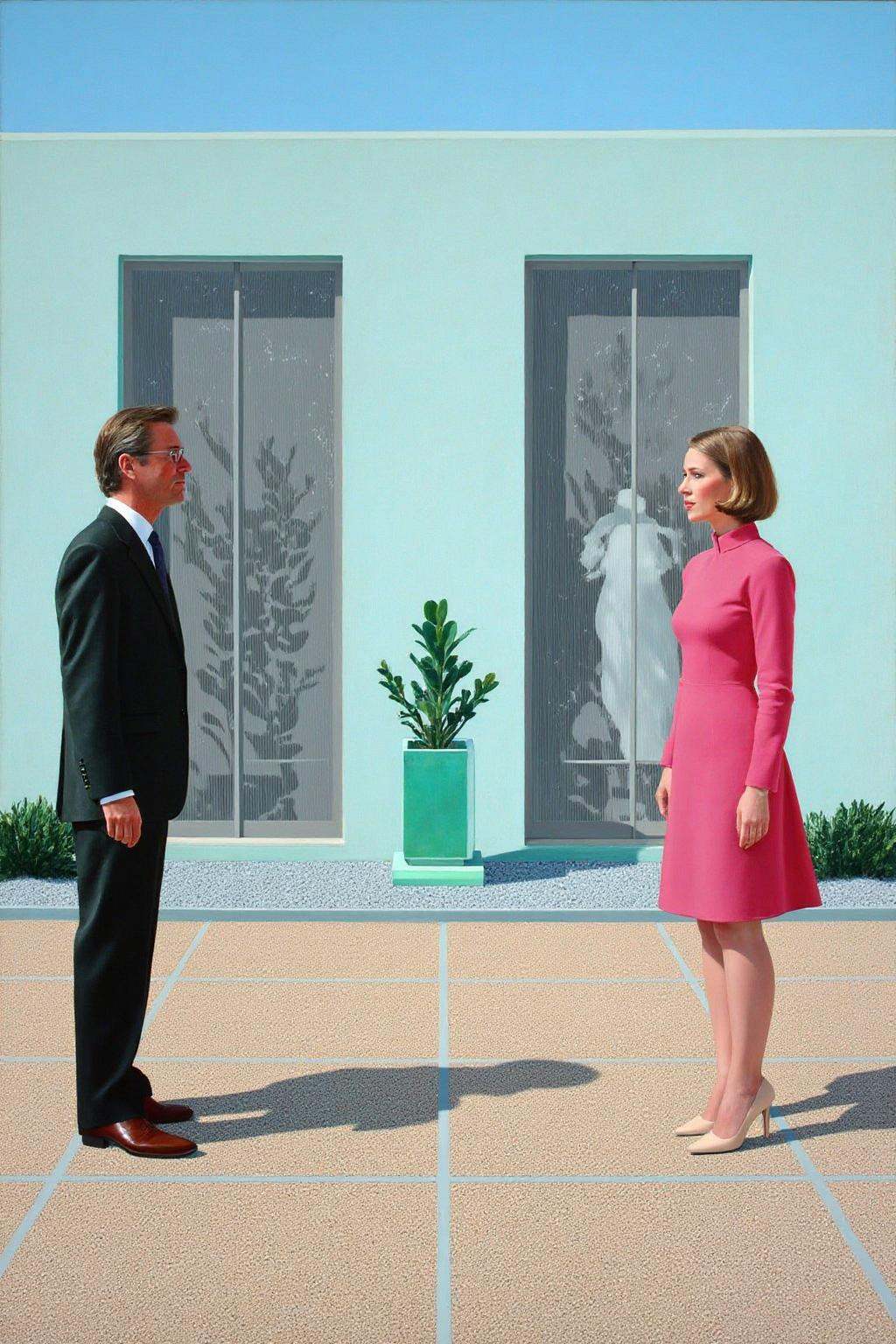 daho1 painting.This is a painting depicting a modernist scene with a surreal,  stylized aesthetic. The background features...