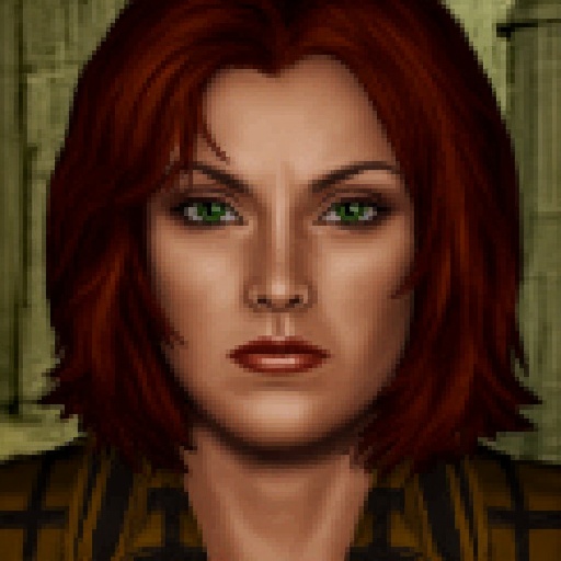 JA2 style portrait of a woman with a realistic style. She has a stern,  serious expression,  with her piercing green eyes...