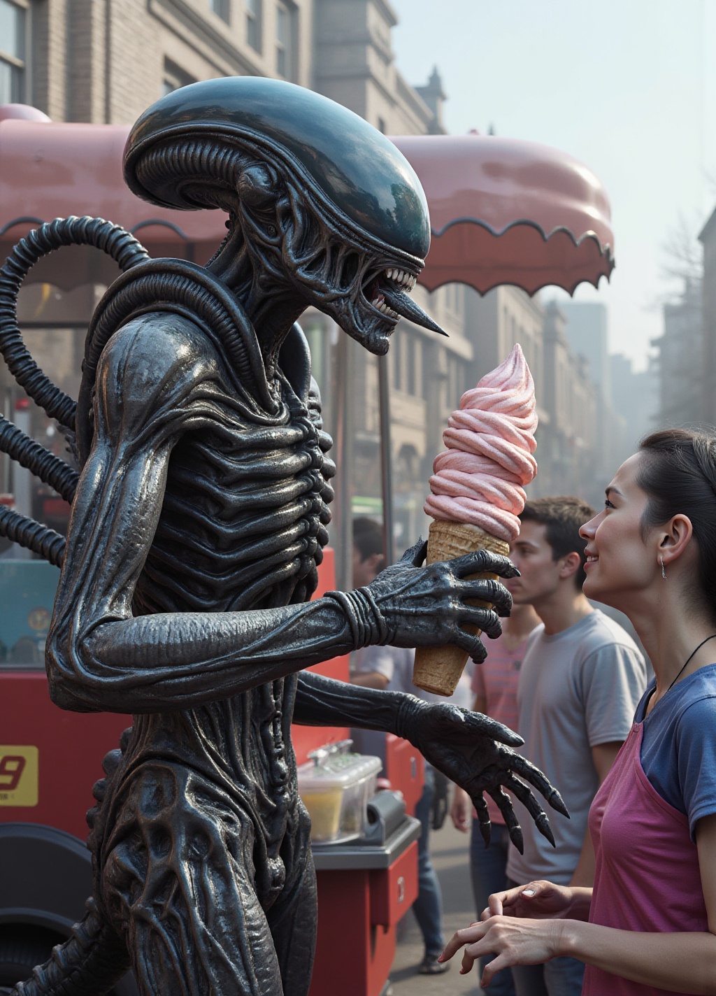 alien xenomorph is selling icecream in an icecream truck. he is the beloved attraction in the neighborhood. people are lin...