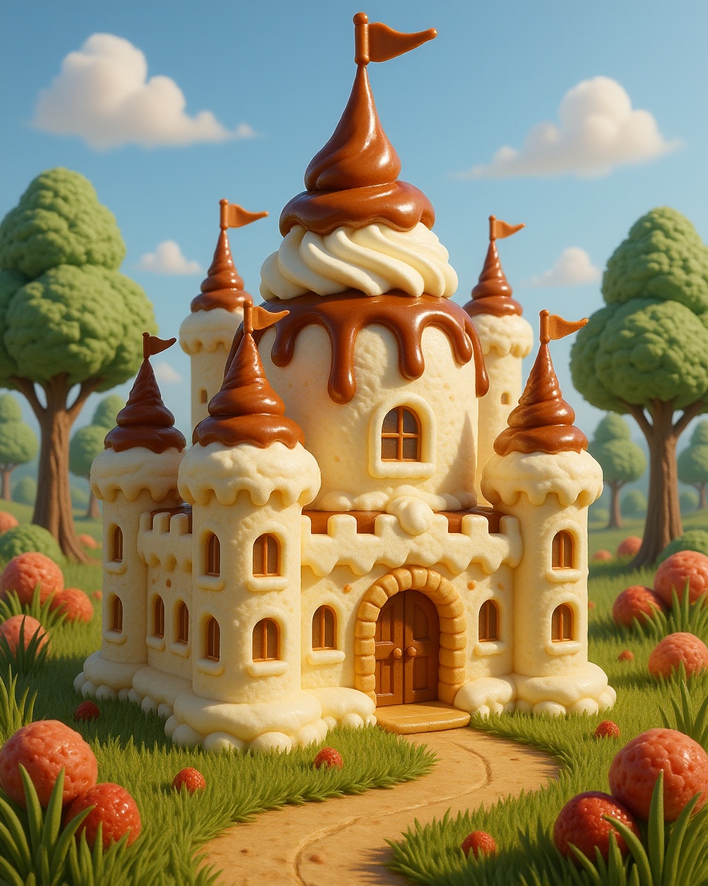 a 1c3cr34m castle in the forest,  built entirely from whipped cream and toasted bread,  with caramel flags waving in the b...