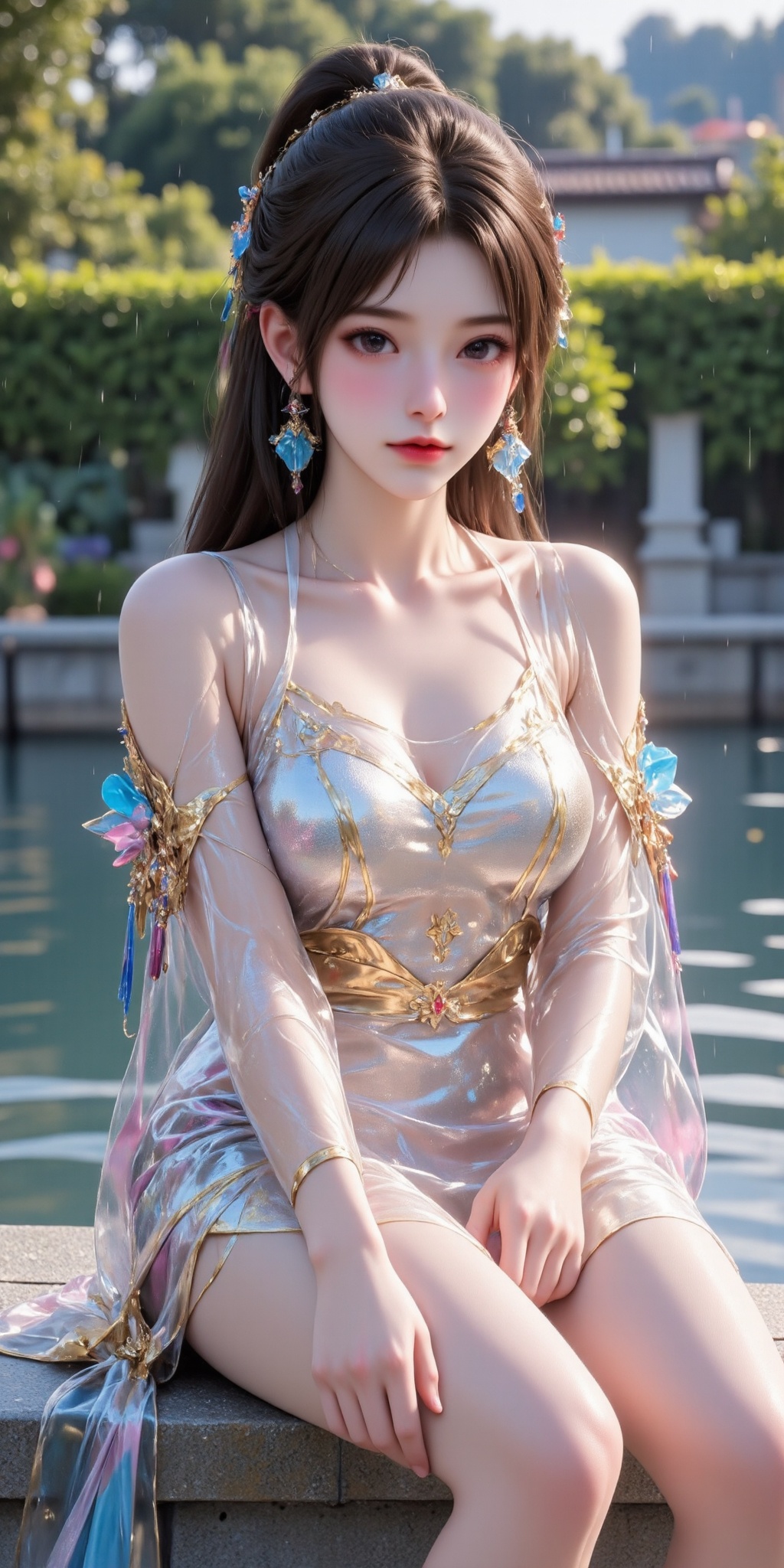 zhaoliner,WM,CG.,Best quality,masterpiece,transparent color PVC clothing,transparent color vinyl clothing,prismatic,holographic,chromatic aberration,fashion illustration,masterpiece,1 girl with harajuku fashion,looking at viewer,8k,ultra detailed,pixiv,light,outdoor,siting,dress,full frontal,reflective water,rain,gold trim,solo,light,
