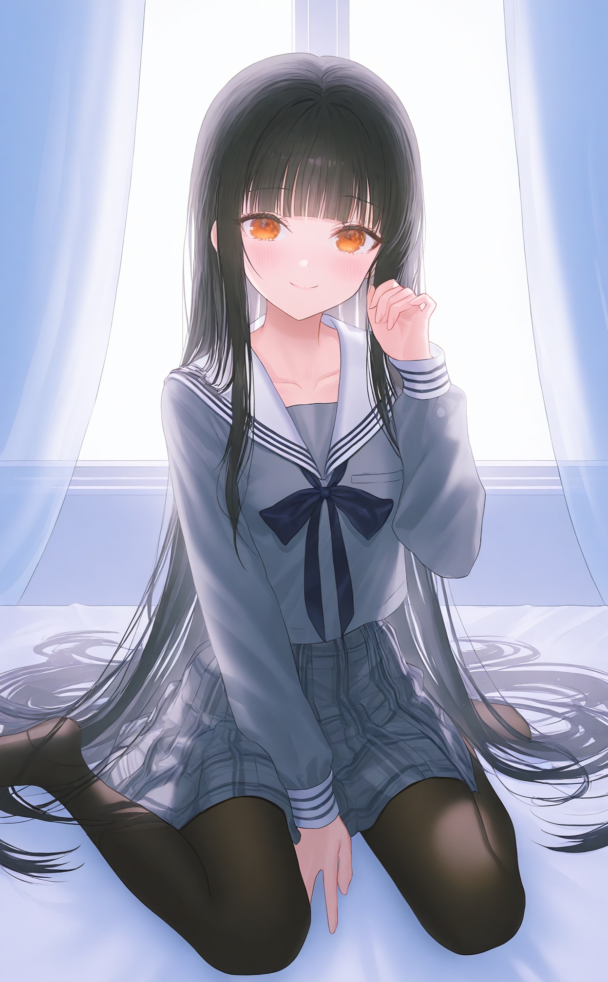 masterpiece,best quality,high quality,(colorful),artist Alens,nai3 Style,Artist:fymrie,1girl,pantyhose,solo,skirt,long hair,smile,school uniform,looking at viewer,plaid skirt,sitting,plaid,black pantyhose,black hair,grey skirt,indoors,no shoes,sailor collar,long sleeves,curtains,wariza,panties,grey shirt,between legs,on bed,serafuku,underwear,grey serafuku,white sailor collar,hand between legs,pleated skirt,blunt bangs,blush,bed sheet,panty peek,brown eyes,backlighting,shirt,orange eyes,very long hair,hand up,ribbon,window,panties under pantyhose,collarbone,sidelocks,straight hair,bow,