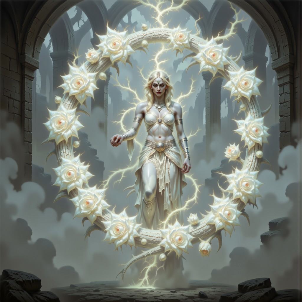 DFOP-V3.0 style dark fantasy oil painting that features Full body shot of a beautiful woman,  her entire form dissolving a...
