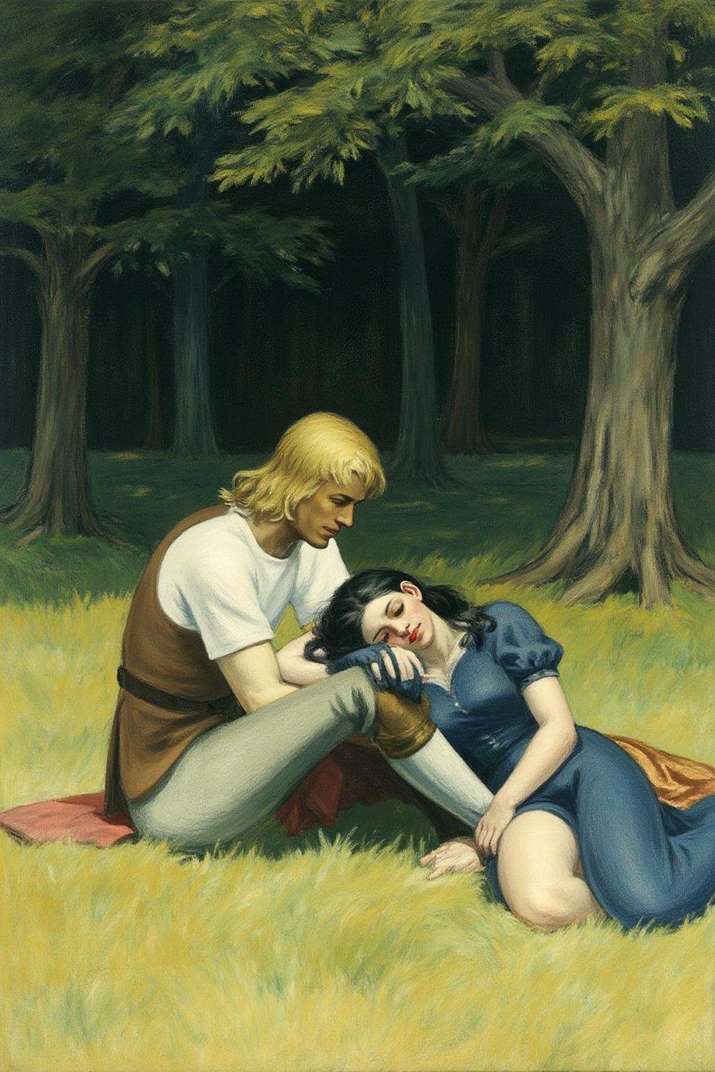 edwardhopper1 painting. A blonde knight and a lady sitting under a tree. The lady has dark hair and is wearing a blue dres...