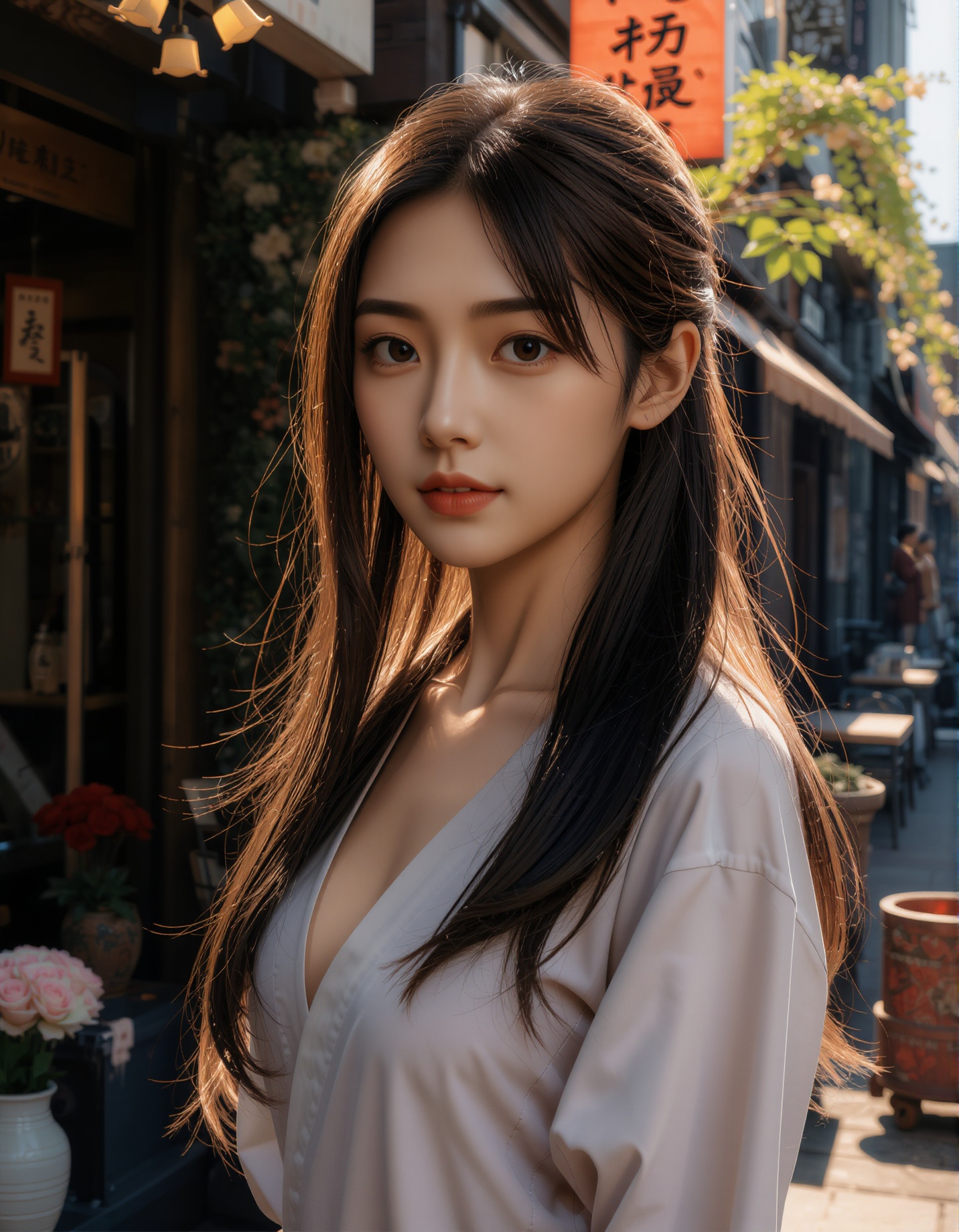 A photograph of an incredibly beautiful 18-year-old girl with long,  stylish gradient brown hair,  standing confidently at...