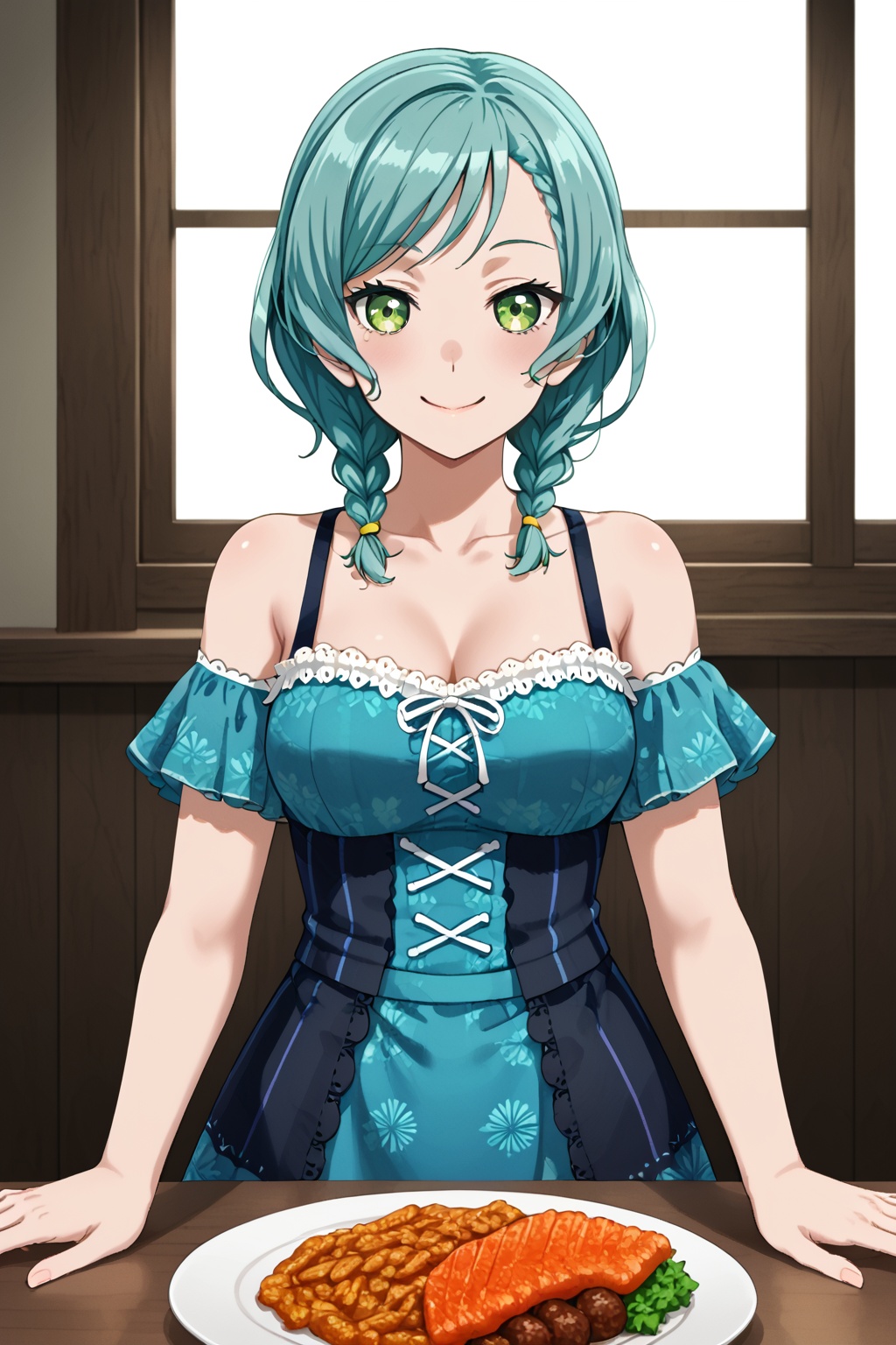 Hikawa Hina,smile, short hair, green eyes, braid, twin braids,aqua hair, side braids,, bangs<lora:hina:0.8>