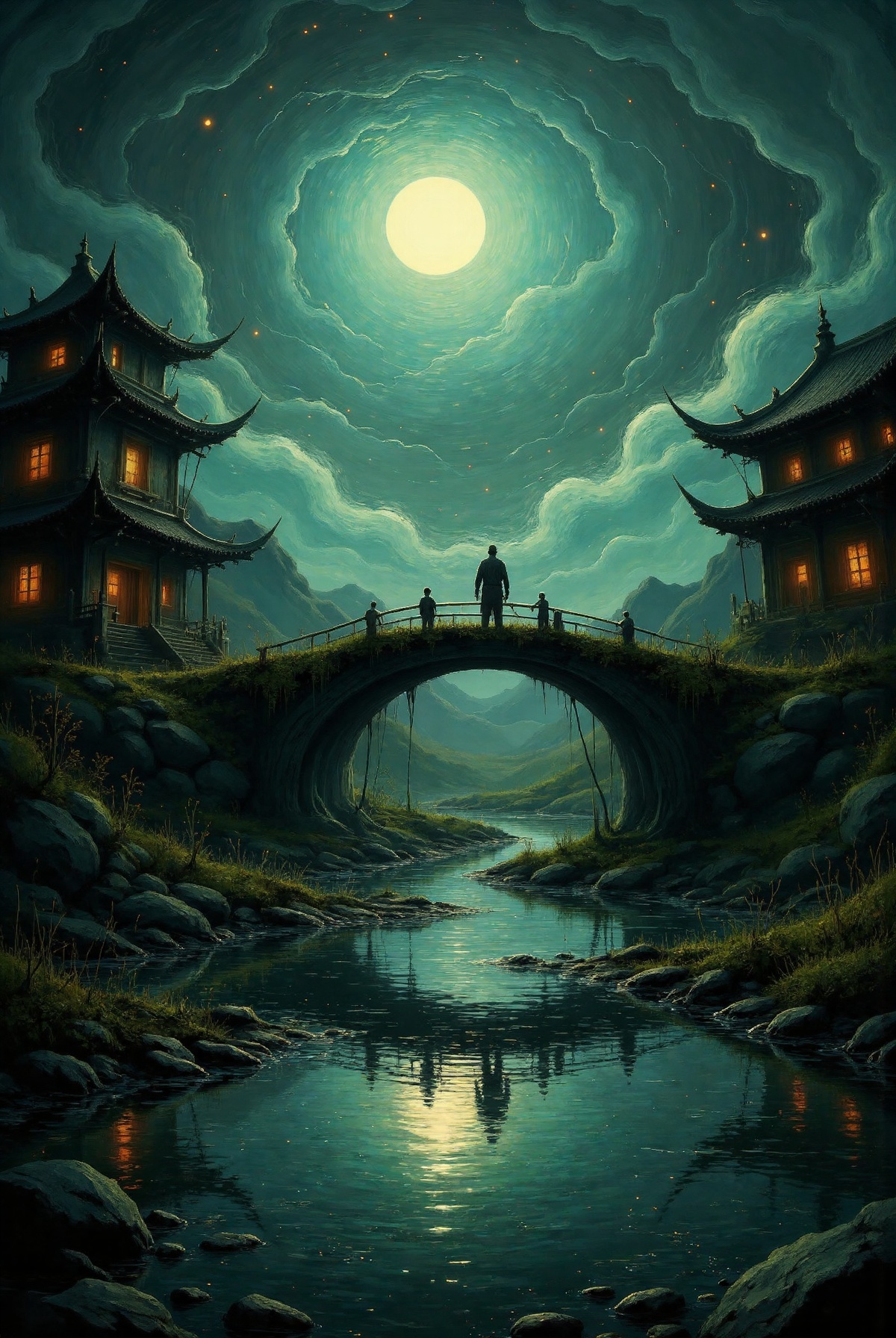 a creepy chinese ghost story, weird chinese architecture, Qixi Festival, green ghost soup, menpo bridge, noodle soup, escort ghost, chain, gloomy atmosphere, movie, horror, atmosphere, surrealism, mystery, detailed