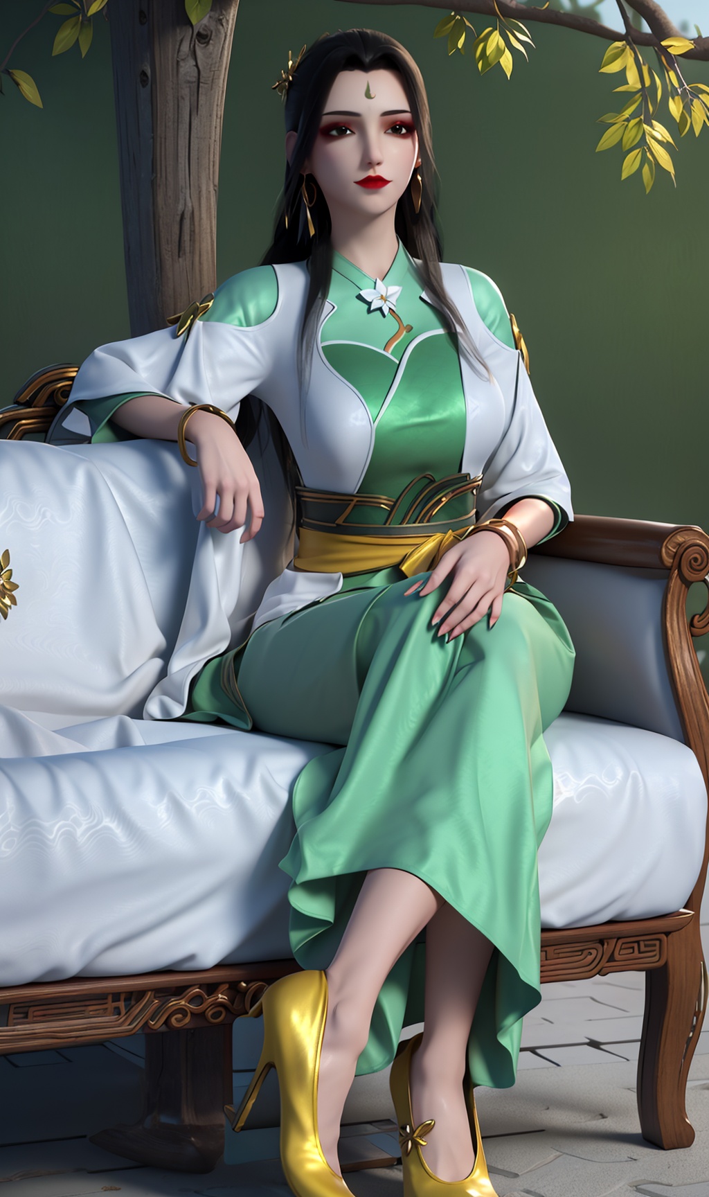 3D,masterpiece,(best quality),(makeup),official art, extremely detailed cg 8k wallpaper,((crystalstexture skin)), (extremely delicate and beautiful),(highly detailed),(1girl), (solo), (jewelry), (earrings),(long_hair),(black_hair),(hair_ornament),(handwear),(breasts),(sitting),hanfu,china_dress,,(full_body,whole_body),((dress)),(multicolored_clothes),(multicolored_dress),,(collar),((chinese_clothes)),(adapted_costume),((closed_mouth)),(sleeved),,(long_dress),(long_skirt),(sunshine, outdoor,sofa),((looking_at_viewer)),((Facing the camera)),(high_heels),(shoes),, <lora:hipoly3DModelLora_v10:0.3>