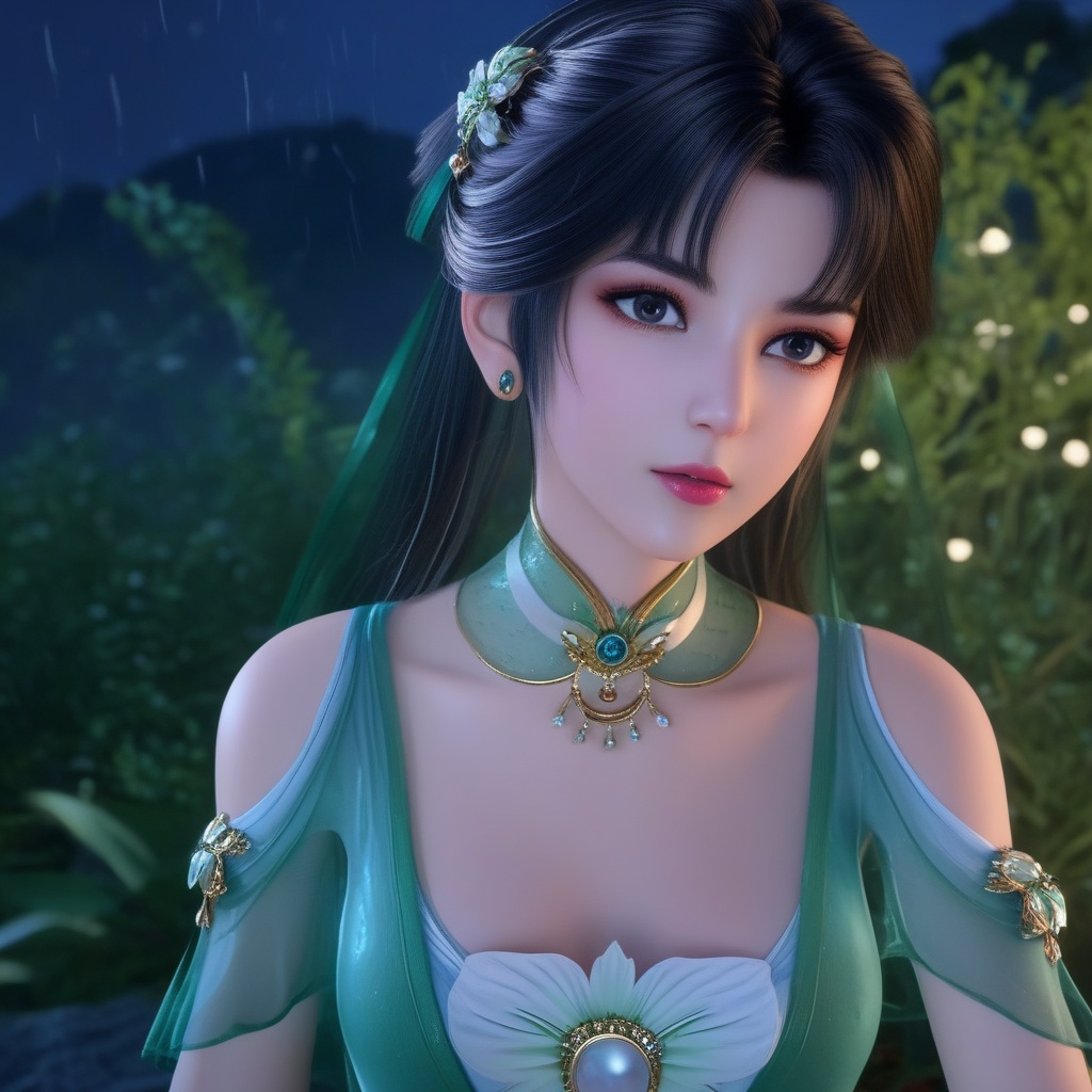 <lora:834-DA-XL-诛仙-碧瑶:0.8>, (,1girl, ,best quality, ),, ,ultra detailed 8k cg,            cinematic lighting, cinematic bloom, (( , )),,  , unreal, science fiction,  luxury, jewelry, diamond, pearl, gem, sapphire, ruby, emerald, intricate detail, delicate pattern, charming, alluring, seductive, erotic, enchanting, hair ornament, necklace, earrings, bracelet, armlet,halo,masterpiece, (( , )),,  ,cherry blossoms,(((, night,night sky,,  ultra high res, (photorealistic:1.4), raw photo, 1girl, , rain, sweat, ,wet, )))(( , ))   (cleavage),,  (sit), ,
