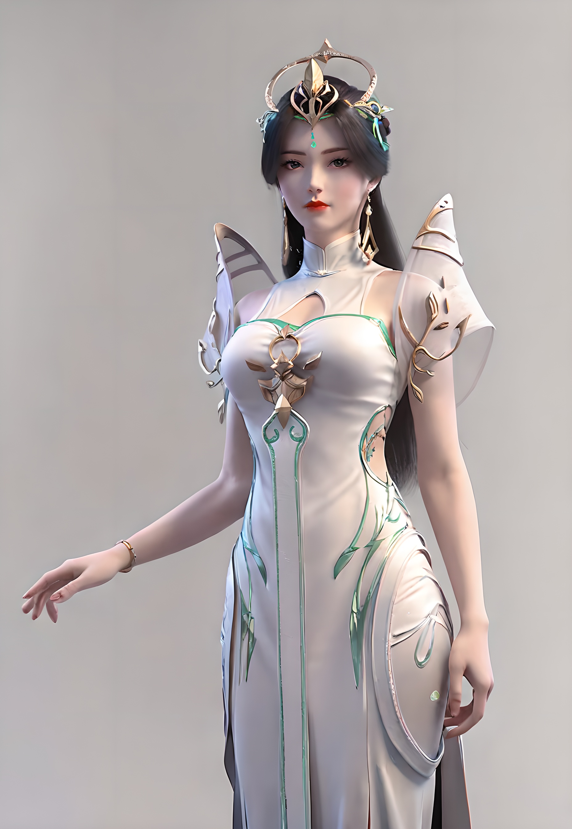 score_9,score_8_up,score_7_up,<lora:SF_LiuShen_Pony-000004:0.7>,1girl,solo,standing,dress,breasts,red lips,jewelry,hair ornament,earring,looking at viewer,white background,