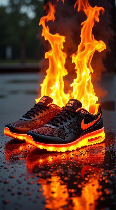 Enhanced_Lighting_and_Textures,  The image features a pair of Nike Air Max sneakers engulfed in flames. The sneakers are p...